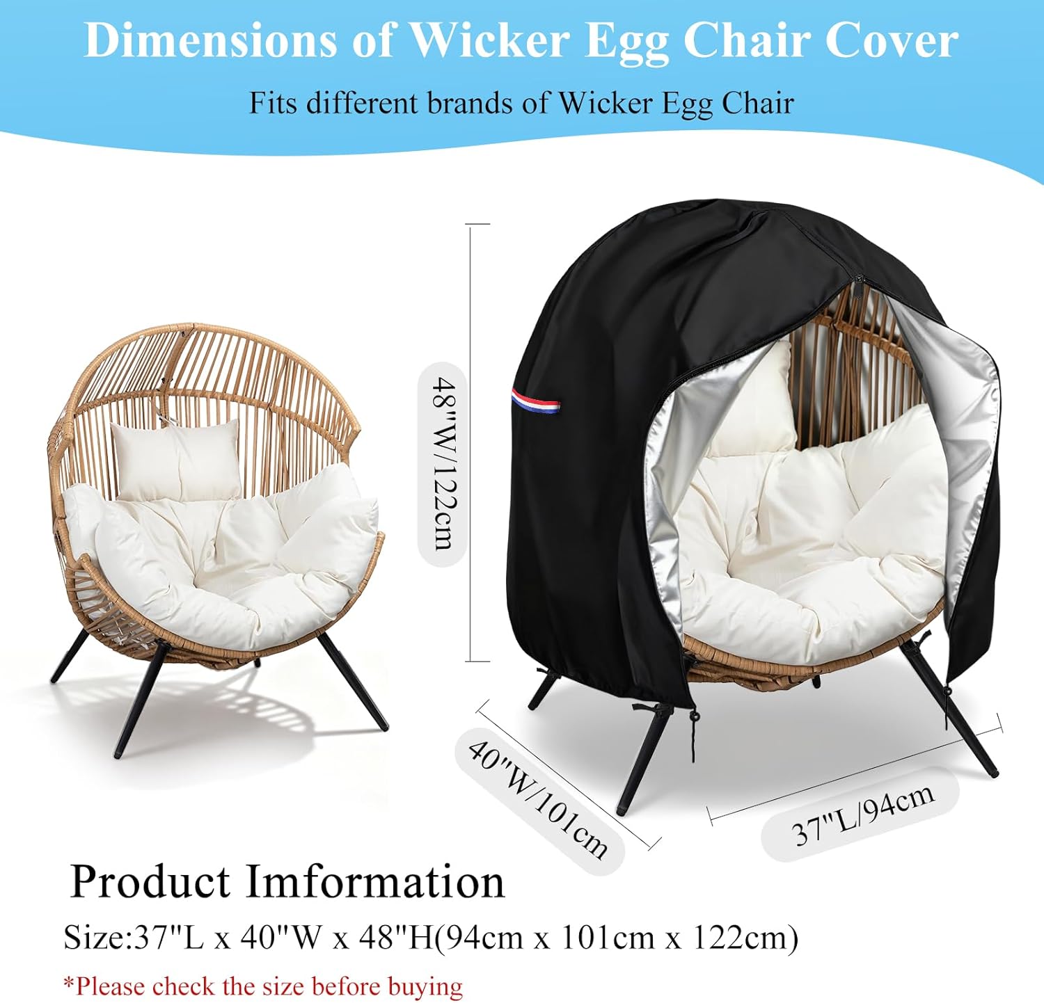 Egg Chair Cover,Waterproof Wicker Egg Chair Cover Outdoor,Windproof Egg Basket Chair for Outdoor Rattan Patio Chair,37" L x 40" W x 48" H