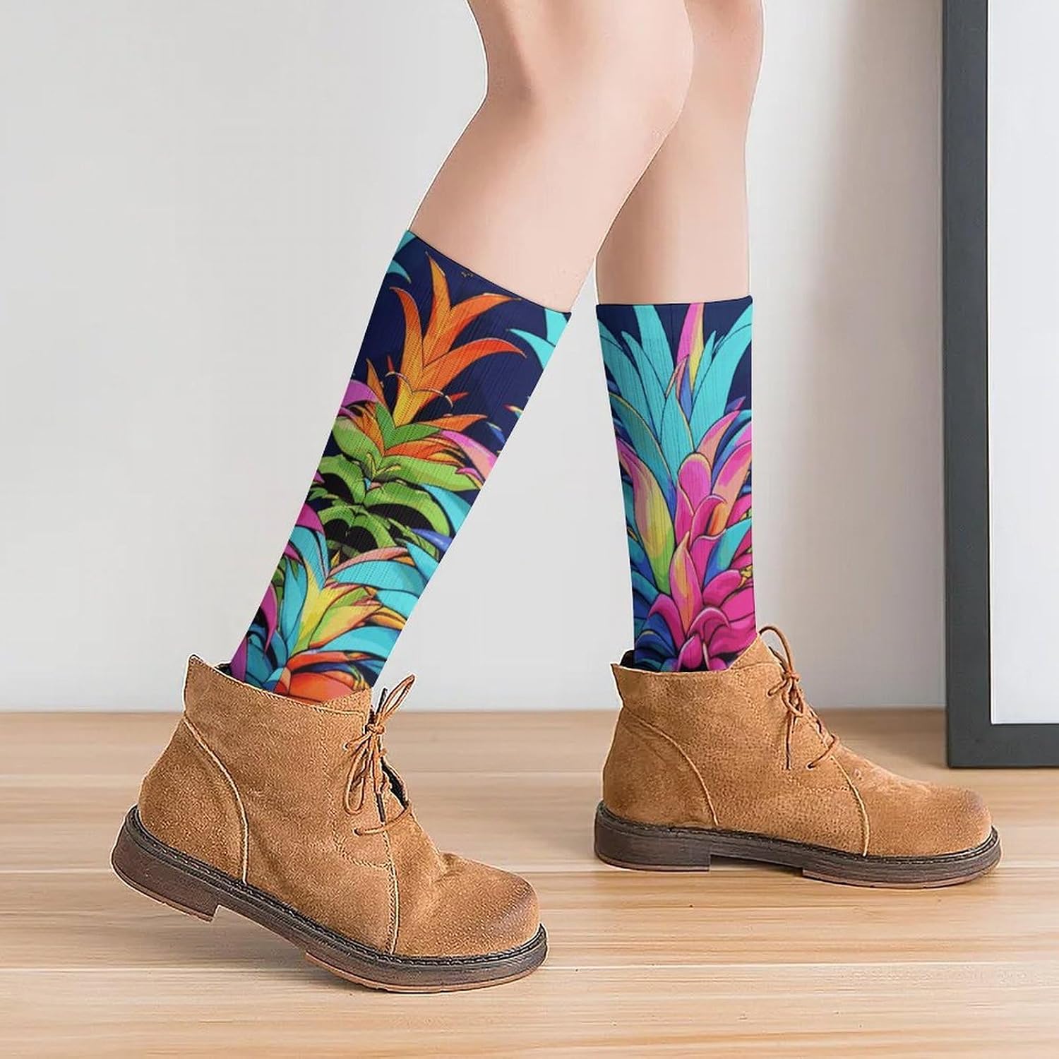 Breathable Crew Sock, Moisture Wicking, Athletic Calf Socks, Cozy | Colorful Pineapple Compression Socks for Women Men, Lightweight High Work Socks for Business, Casual
