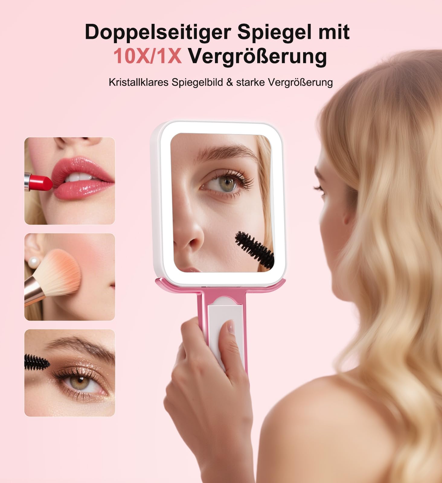 Ziweo Kosmetikspiegel mit Beleuchtung, Wiederaufladbarer Tragbarer Schminkspiegel mit Beleuchtung 3 Farblichter, Dimmbarer Touchscreen Vergrößerungsspiegel Faltbarer Rasierspiegel