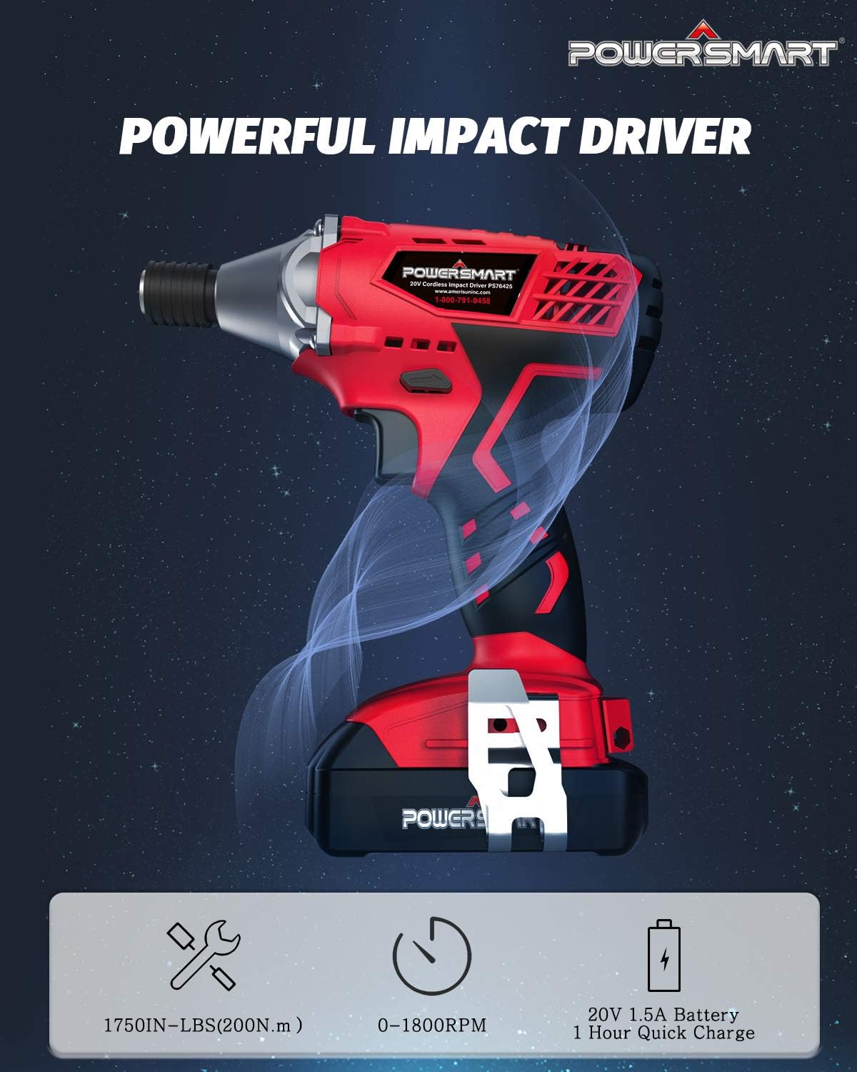 PowerSmart Cordless Impact Driver, 1/4'' Impact Wrench w/ 20V Lithium Ion Battery, Drill Driver Max. Torque 1950in-lbs, 1800RPM Variable Speed Impact Drill Driver, Fast Charger & LED Light, PS76425A
