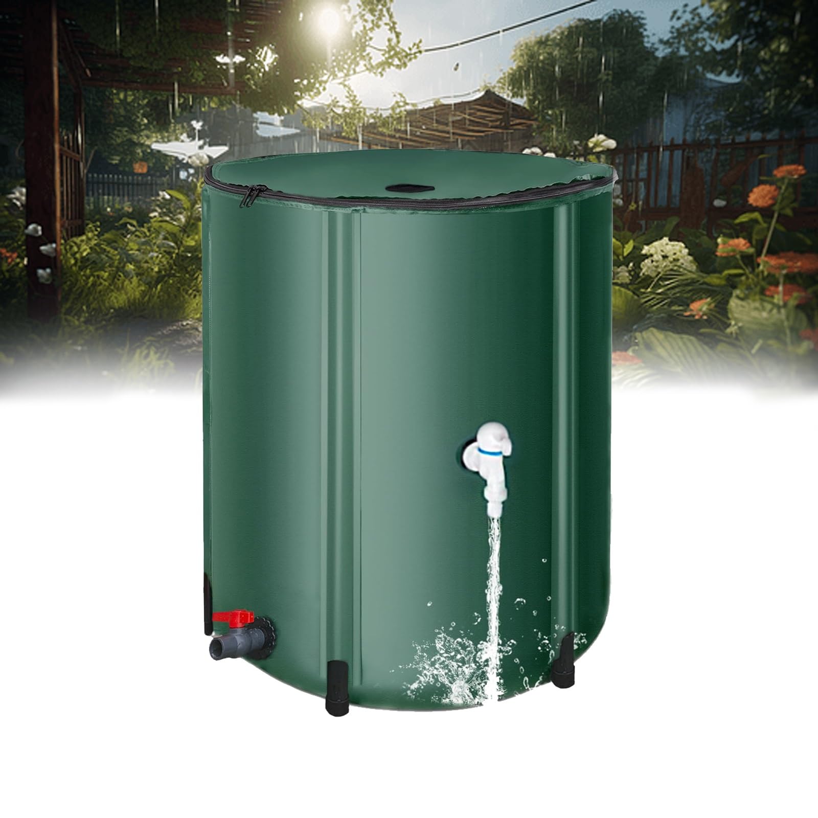 Sistema de depósito de Agua de Lluvia Plegable con Soporte y Grifo. Depósito de Agua de jardín portátil con Tapa con Cremallera. Color Verde. Capacidad de 1000 litros.