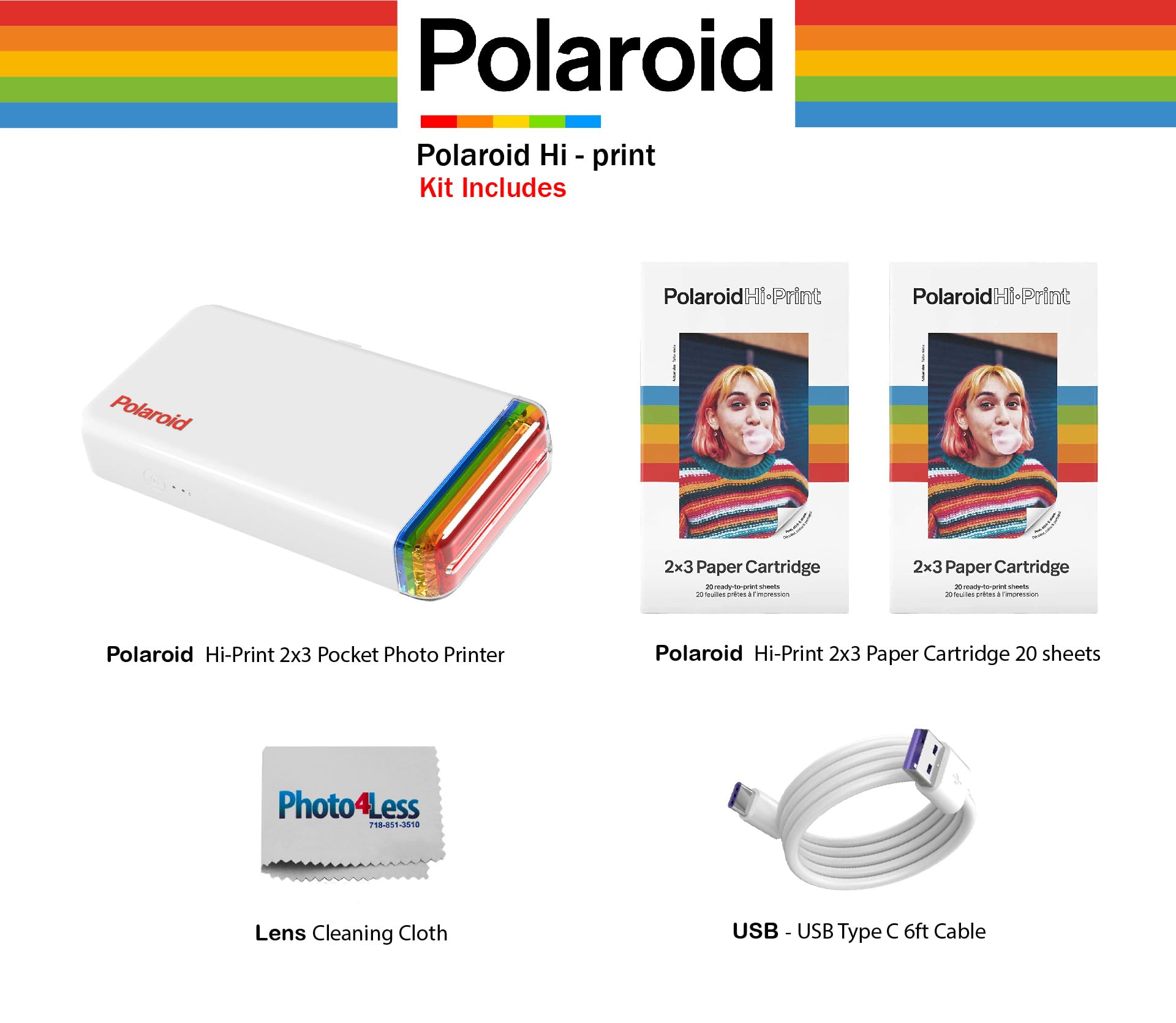 Polaroid Hi-Print - Impresora fotográfica de 2ª generación conectada por Bluetooth de 2 x 3 de bolsillo, color blanco (9128) con 2 papeles Hi-Print de 2 x 3, (40 fotos), USB, cable USB tipo C de 6