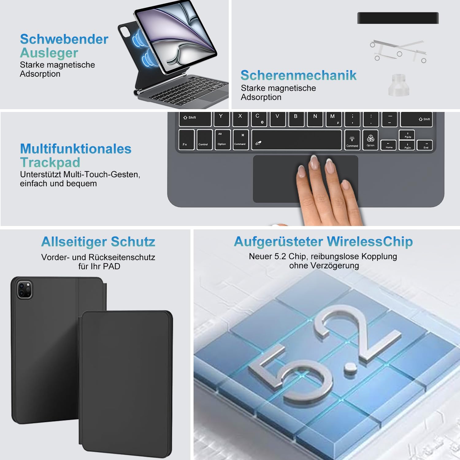 JADEMALL Magic Keyboard Hülle für iPad Air 11" M4 2026/M3 2025/M2 2024 | Deutsches QWERTZ Layout Tastatur mit hülle, 7-Farbige Beleuchtung Multi-Trackpad Tastatur für iPad Air 5/4/Pro 11, Schwarz