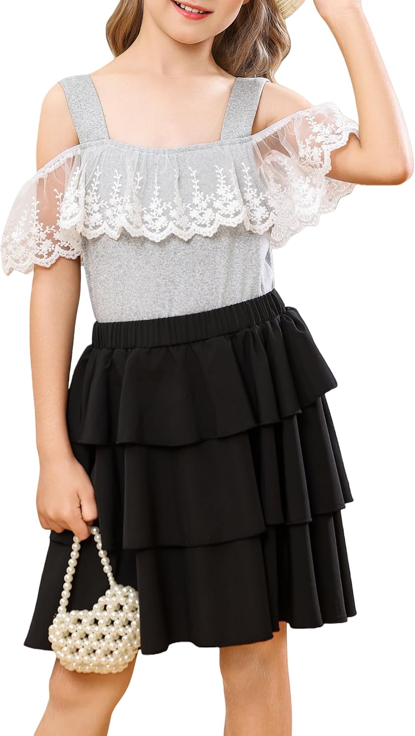 Girls 2 Piece Outfit Cold Shoulder Lace Ruffle Top Tiered Cake Skirt Set | Summer Soft Off Shoulder, Elastic Waist 3 Layer Cake Skirt Outfits,Casual Daily, back to school,Party, For 7-12 Y Tween Girls