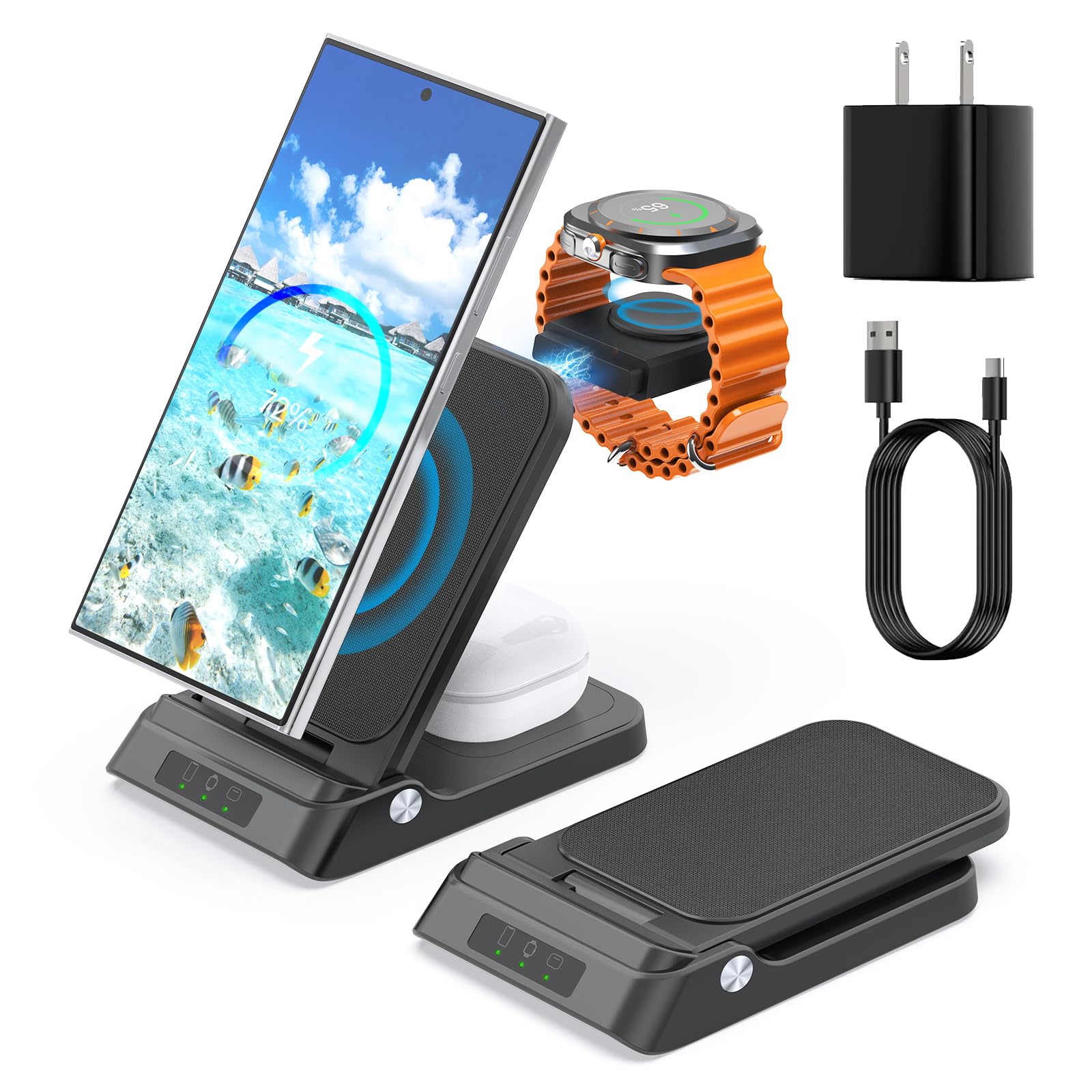 Wireless Charger for Samsung, RAUGEE Foldable 3 in 1 Fast Wireless Charging Station for Samsung Galaxy S25 Ultra/S24/24 Ultra/S23 Ultra/S23+/S22/Z Fold/Flip Stand for Galaxy Watch Ultra/7/6/5/4/3