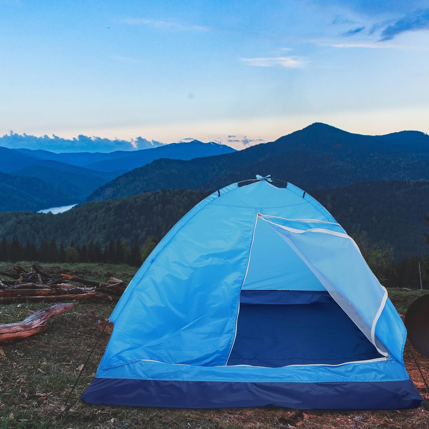 Two-Person Camping Tent Blue Single-Layer Lightweight Beach Shelter Windproof Outdoor Tent for Backpacking Hiking and Park Use