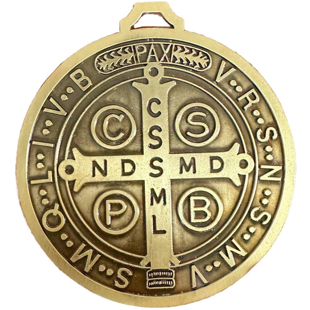 Luxylei Vintage Brass Finish St Benedict Cross - 5 Inch Roman Medal Detailed Relief, Antique Style Wall Plaque Desk Stand Catholic Collectible