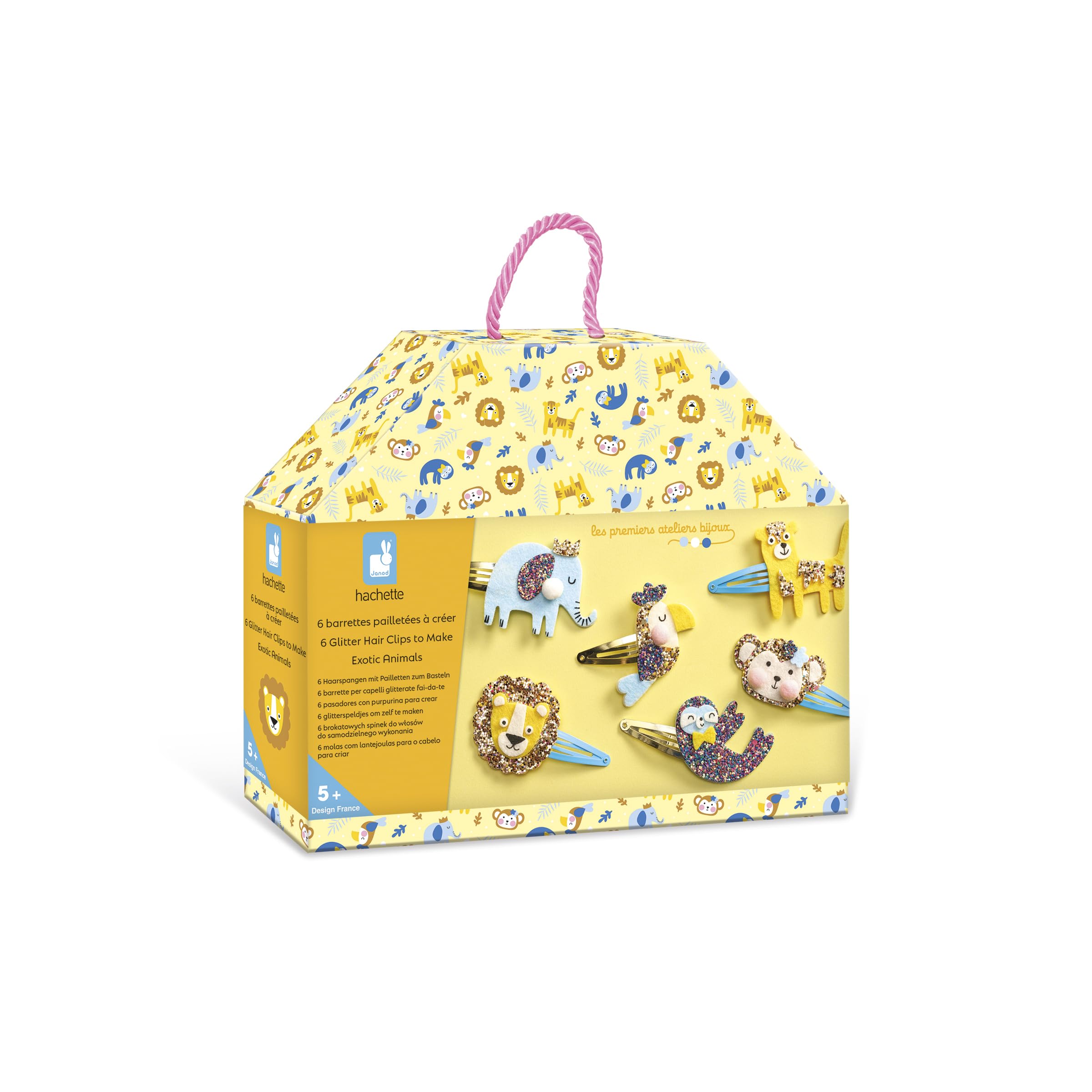 Janod, Set of 6 hair clip to Create, Exotic Animals, Children's Creative Leisure Kit, Fine motor skills and creativity
