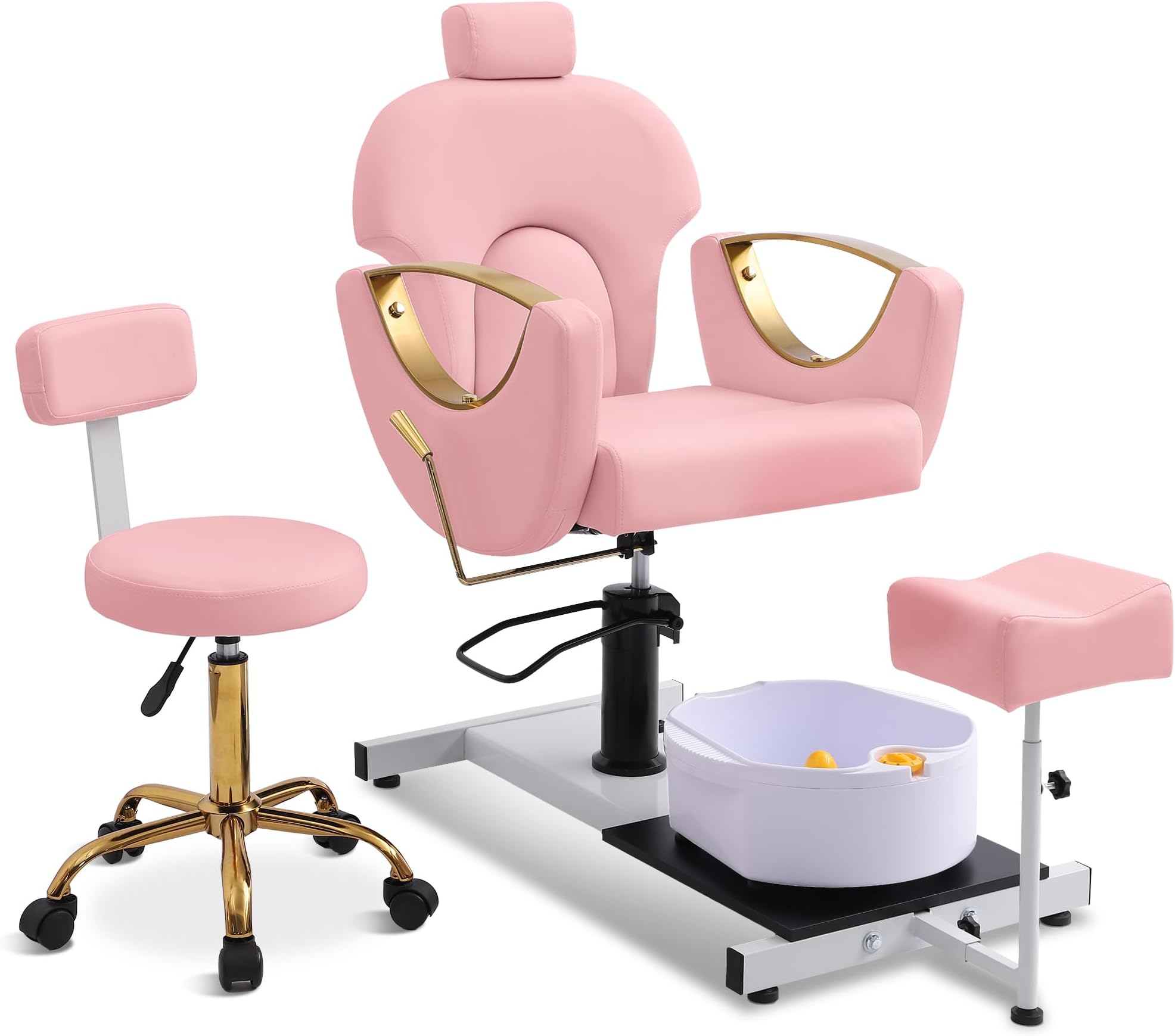 LOUVIXA Pedicure Station No Plumbing, Hydraulic Pedicure Chair for Nail Tech, Height Adjustable Reclining Pedicure Station Unit, 360 Degree Swivel Foot Spa Chair with Massage Foot Bath (Pink-Golden)
