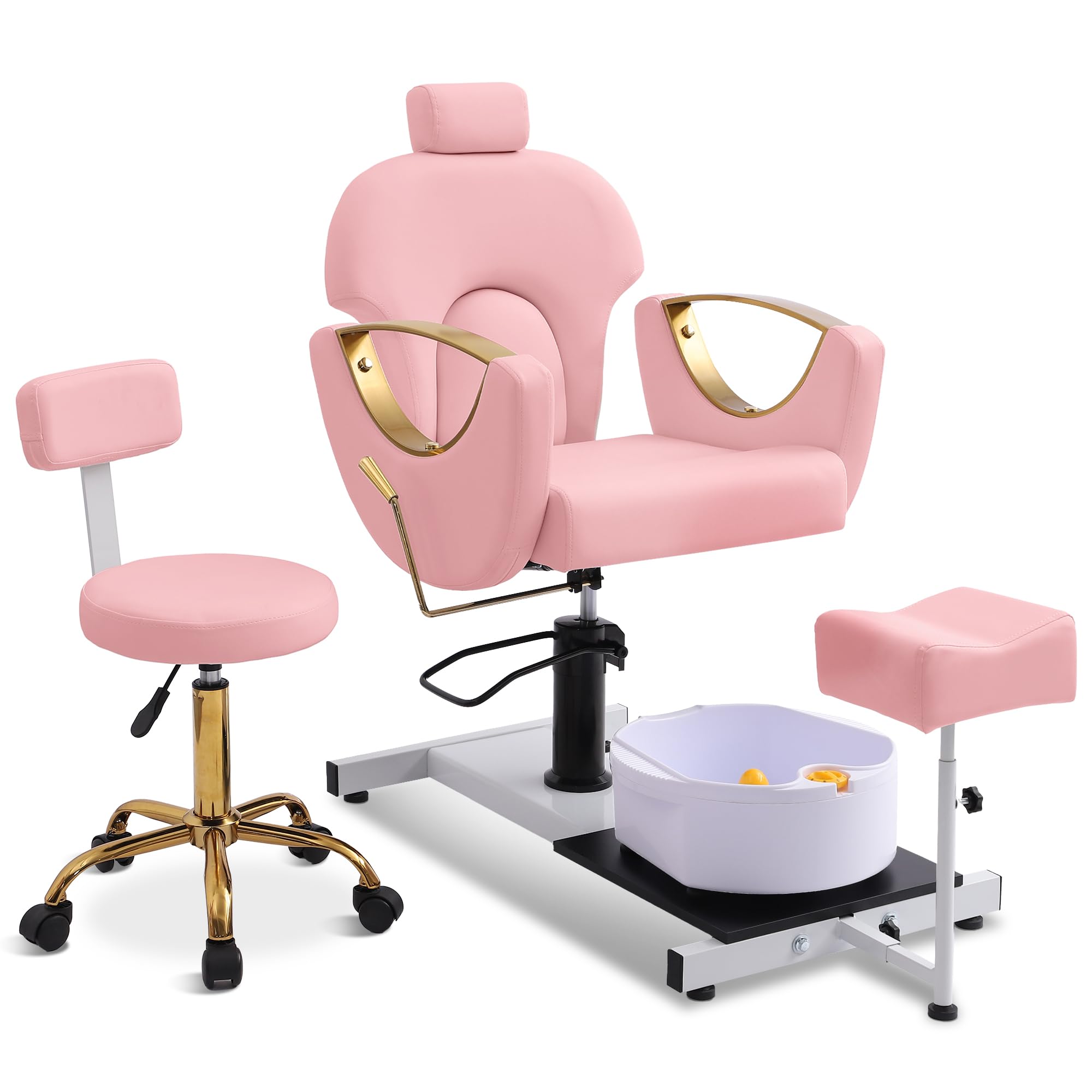 Pedicure Station No Plumbing, Hydraulic Pedicure Chair for Nail Tech, Height Adjustable Reclining Pedicure Station Unit, 360 Degree Swivel Foot Spa Chair with Massage Foot Bath (Pink-Golden)