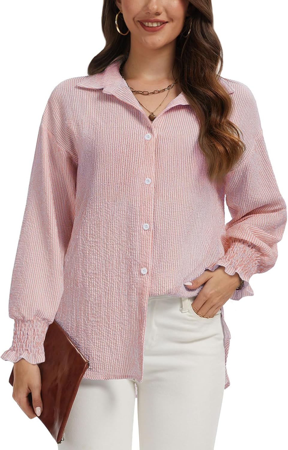 WEACZZY Women's Striped Button Down Shirts Long Sleeve Smocked Cuffed Oversized Boyfriend Blouses Collared Causal Tops