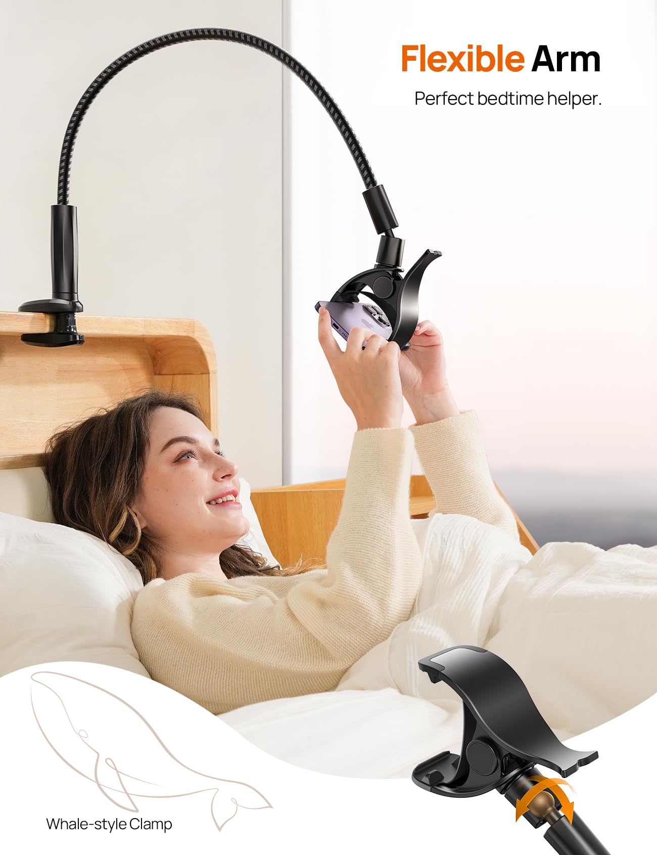 Aomiker Soporte de cuello de cisne para cama – [Trenza de nailon actualizada 2024] Clip flexible de brazo perezoso de 38 pulgadas de largo, soporte de teléfono ajustable de 360 grados para iPhone 15,
