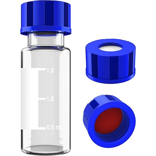 Vista 15 de Viales de muestreo automático de 0.1 fl oz con área de escritura y graduaciones, HPLC 9-425, tapón de rosca, PTFE blanco y septa de silicona roja