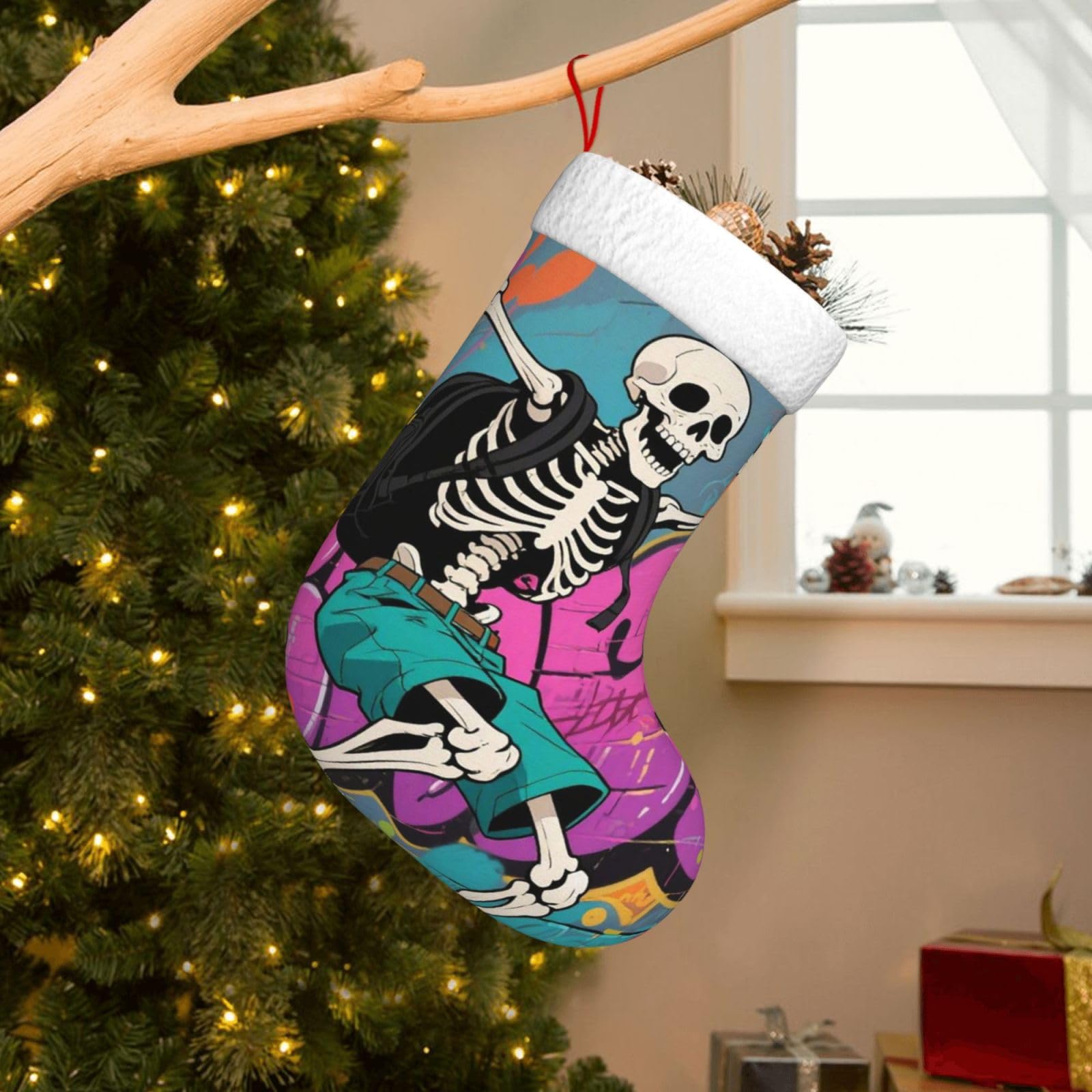 Velvet Christmas Stockings 17.7 Inch, Skateboard Skeleton Skull Xmas Stocking with Soft Cuff,Classic Personalized Christmas Tree Decoration for Family Holiday New Year Party Supplies