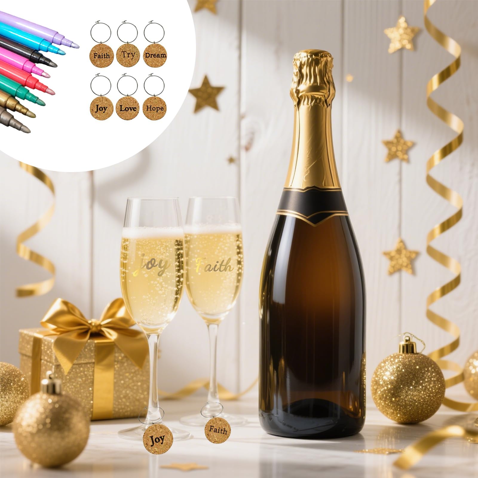 14 Teiliges Set Weinglas-Marker, 8 Glasstifte mit abwaschbarer Tinte & 6 Weinglas-Schmuck-Hänger, Spülmaschinenfest Ungiftig, Ideal für Partys Feiern Geburtstage Hochzeiten