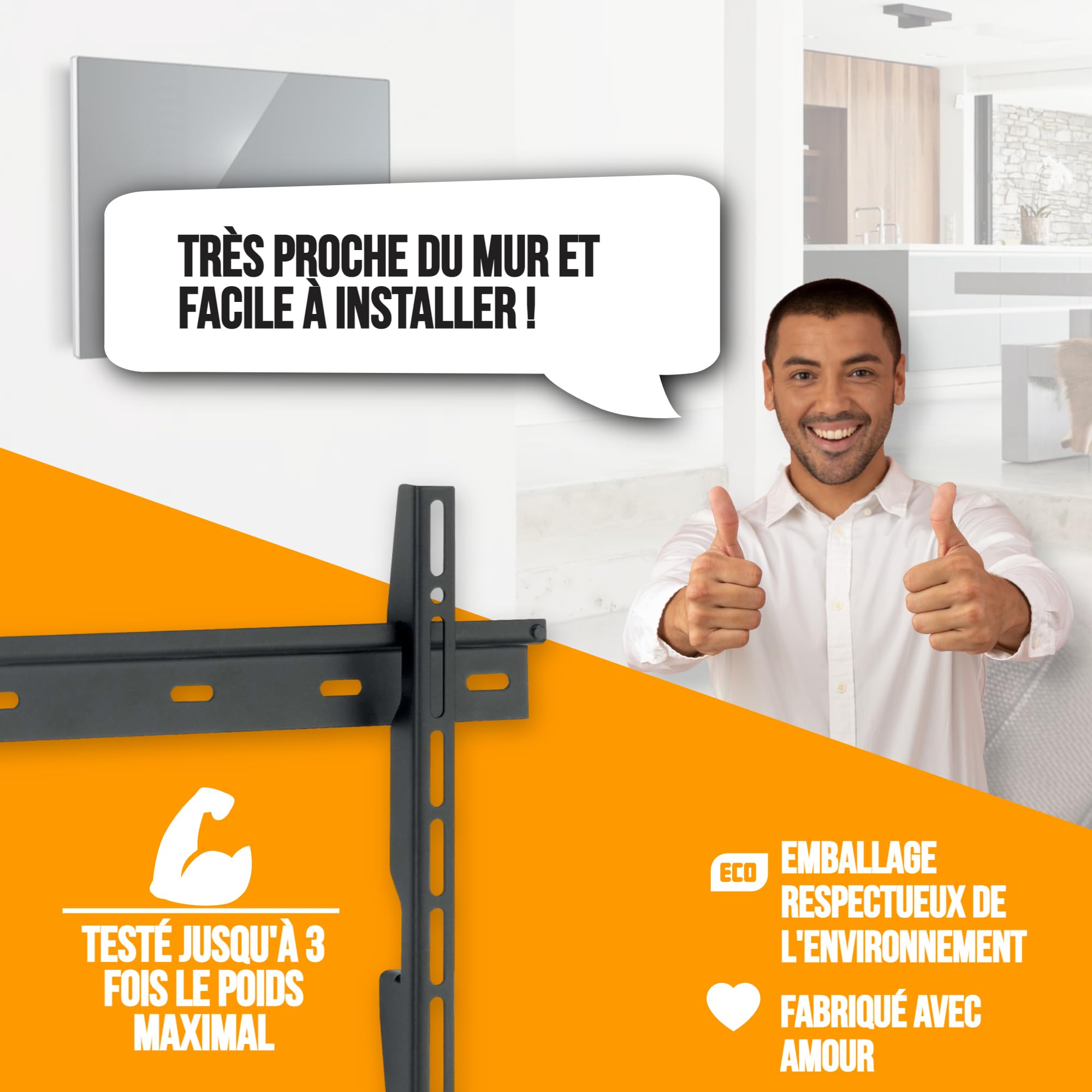 Support Mural TV Ultra Plat Pour écrans 32 à 55 Pouces - Compatible VESA 100x100 à 400x400 - Jusqu'à 80 Kg - Distance Murale 3,6 Cm - Noir