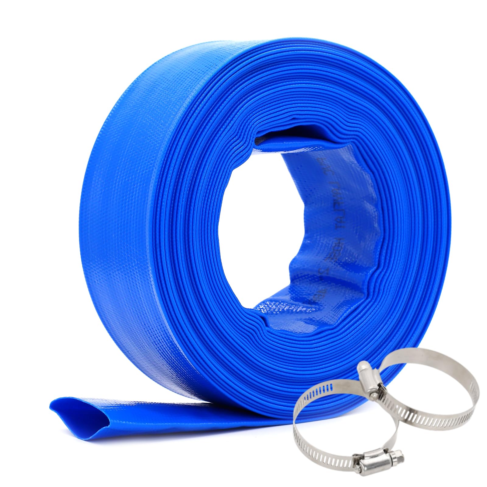 Layflat Discharge Water Hose 32mm x 20M, with 2 Clips, for Submersible Water Pump, Draining Pond, Hot Tub, Swimming Pool, Blue