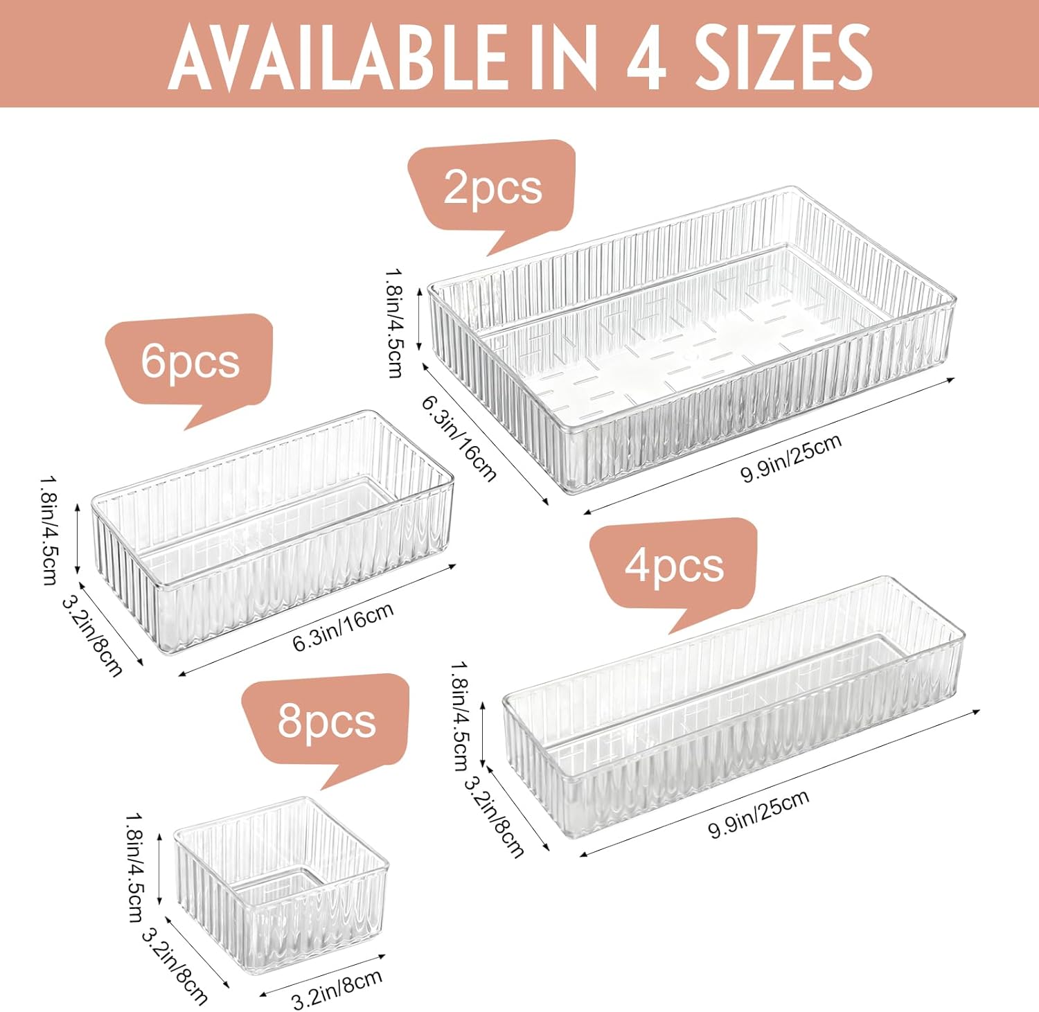 20 Pcs Clear Drawer Organizer 4 Size Stackable Stripes Organizer Trays Acrylic Jewelries Cosmetic Utensils Bins for Dresser Office Kitchen Bathroom