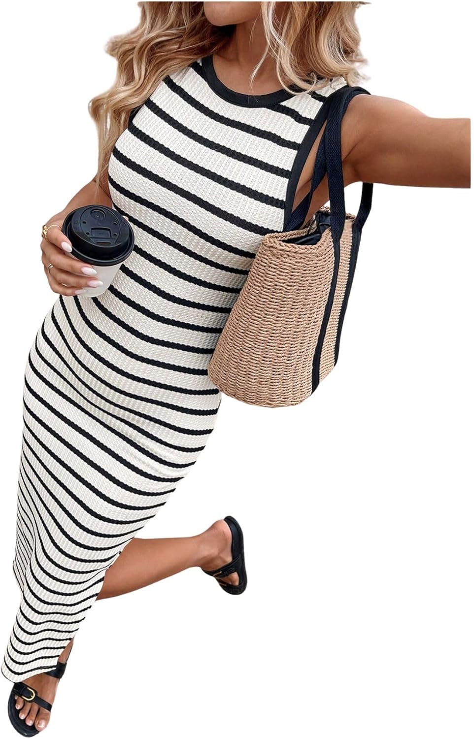 Verdusa Women's Old Money Clothes Wedding Guest Dress Striped Slit Knit Long Bodycon Tank Dresses