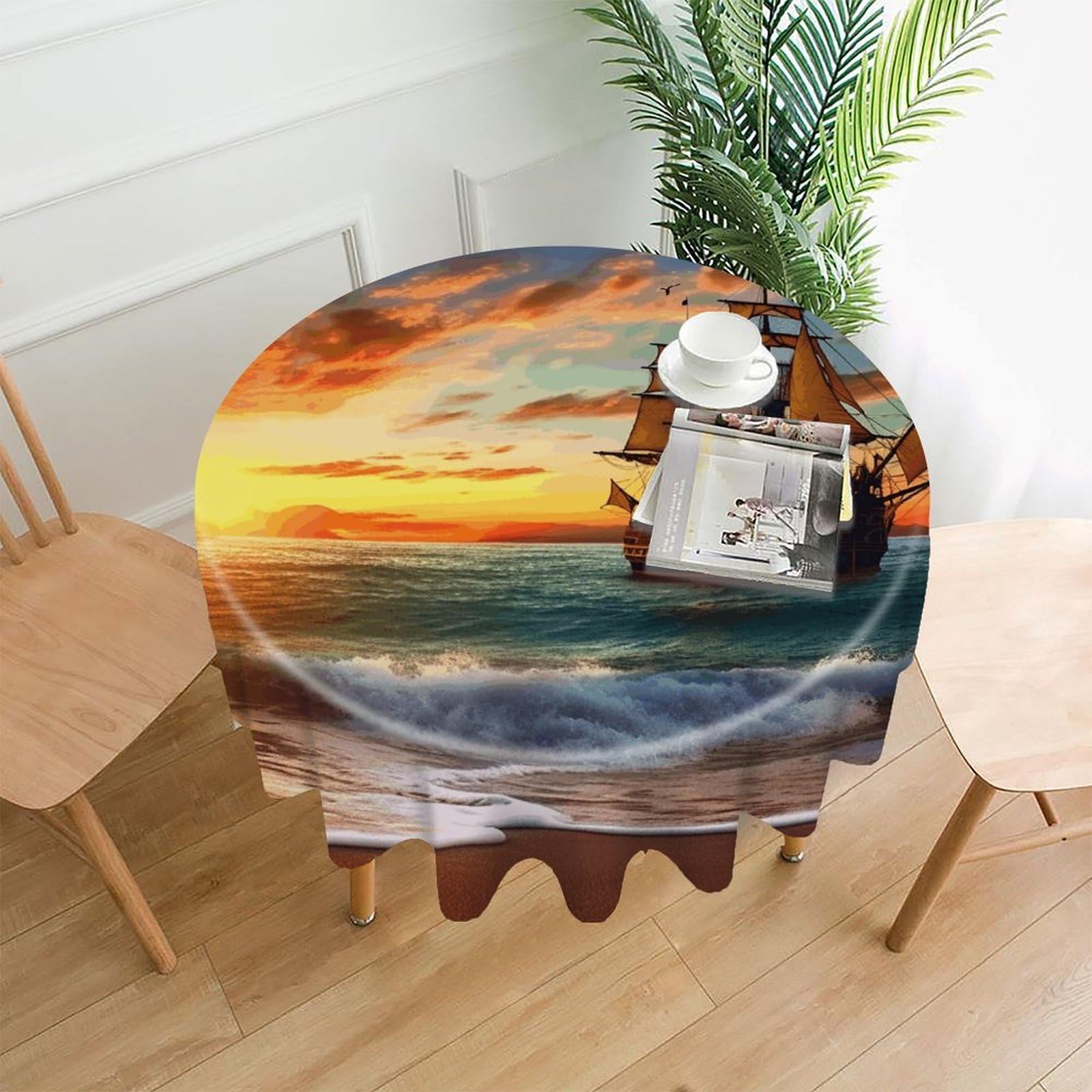 Pirate Ship in The Sunset Tablecloth Exquisite Wrinkle-Free Straight-Edge Round Table Cloth Anti-Fading Premium Polyester Tablecloth Waterproof Folding Table Cloths for Tables Decor