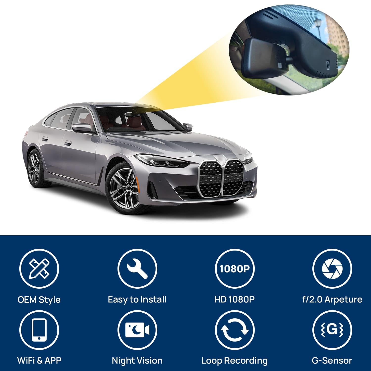 1080P WiFi Kamera samochodowa dla BMW 3 4 Series M3 M4 2020-2024, zasilanie OBD, styl OEM, nagrywanie w pętli, kamera przednia, karta 64 GB, samochodowy rejestrator DVR