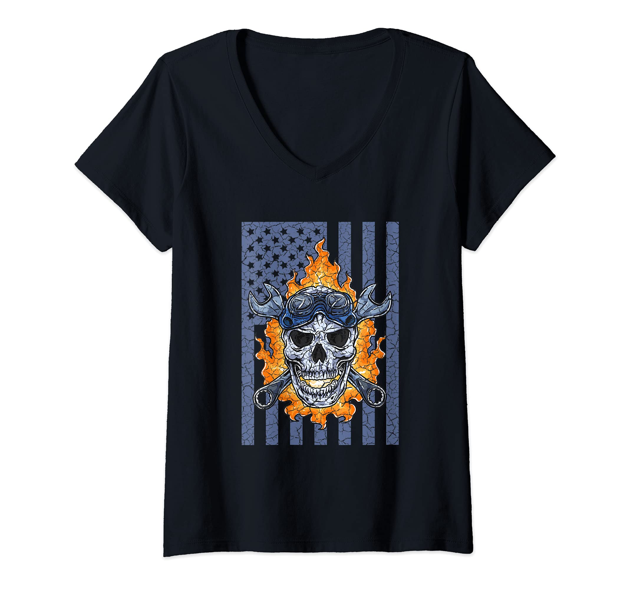 Womens Mechanic Handyman Fire Skull American Flag Tools Wrench V-Neck T-Shirt, Black