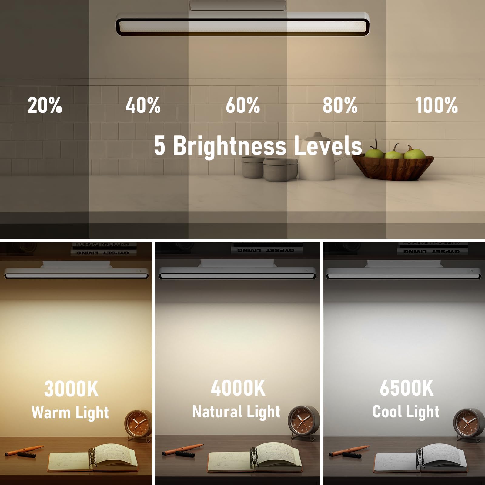 Barra de luz magnética, barra de luz LED recargable de computadora, 3000 K, 4500 K, 6000 K, iluminación de control táctil ajustable de color para oficina, computadora, clóset, recámara
