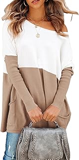 PRETTYGARDEN Women’s Causal Loose Sweater Color Block Knit Pullover Off Shoulder Comfy Jumper Tops