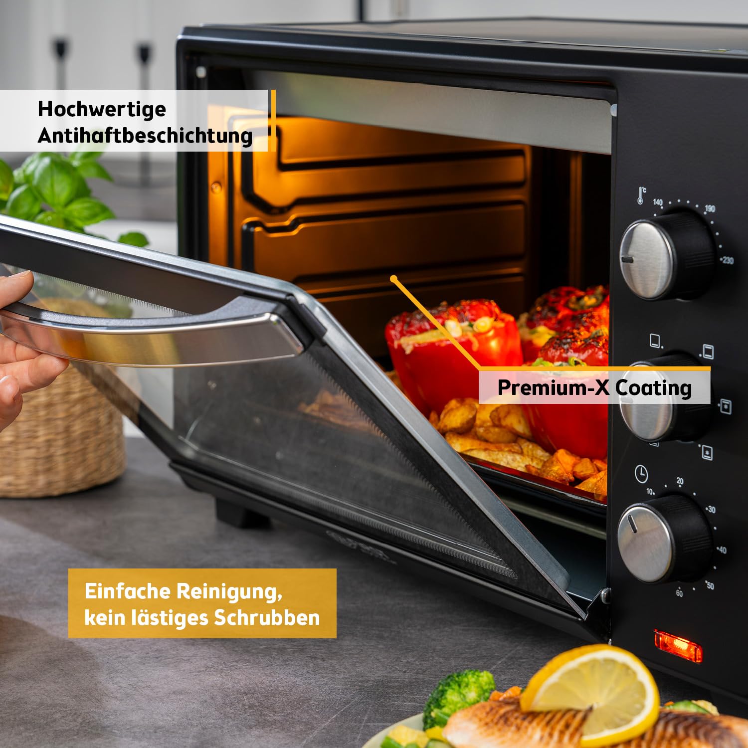TZS First Austria - Minibackofen 35L 1600W - Mini Backofen Pizzaofen stufenlose Temperaturregelung bis 230°C & Antihaftbeschichtung - Miniofen 60 Min. Timer, 3 Einschubhöhen, Backblech & Grillrost