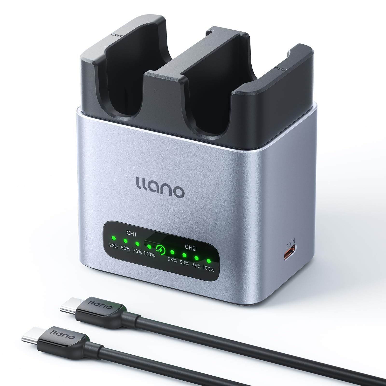 llano DMW-BLK22 20W PD Schnellladegerät für Panasonic Lumix GH5 GH5II GH6 GH7 S5 S5II S5IIX S9 G9II, Dual USB-C Ladebox mit CNC Aluminiumgehäuse & LED-Anzeige (CM2 Serie)