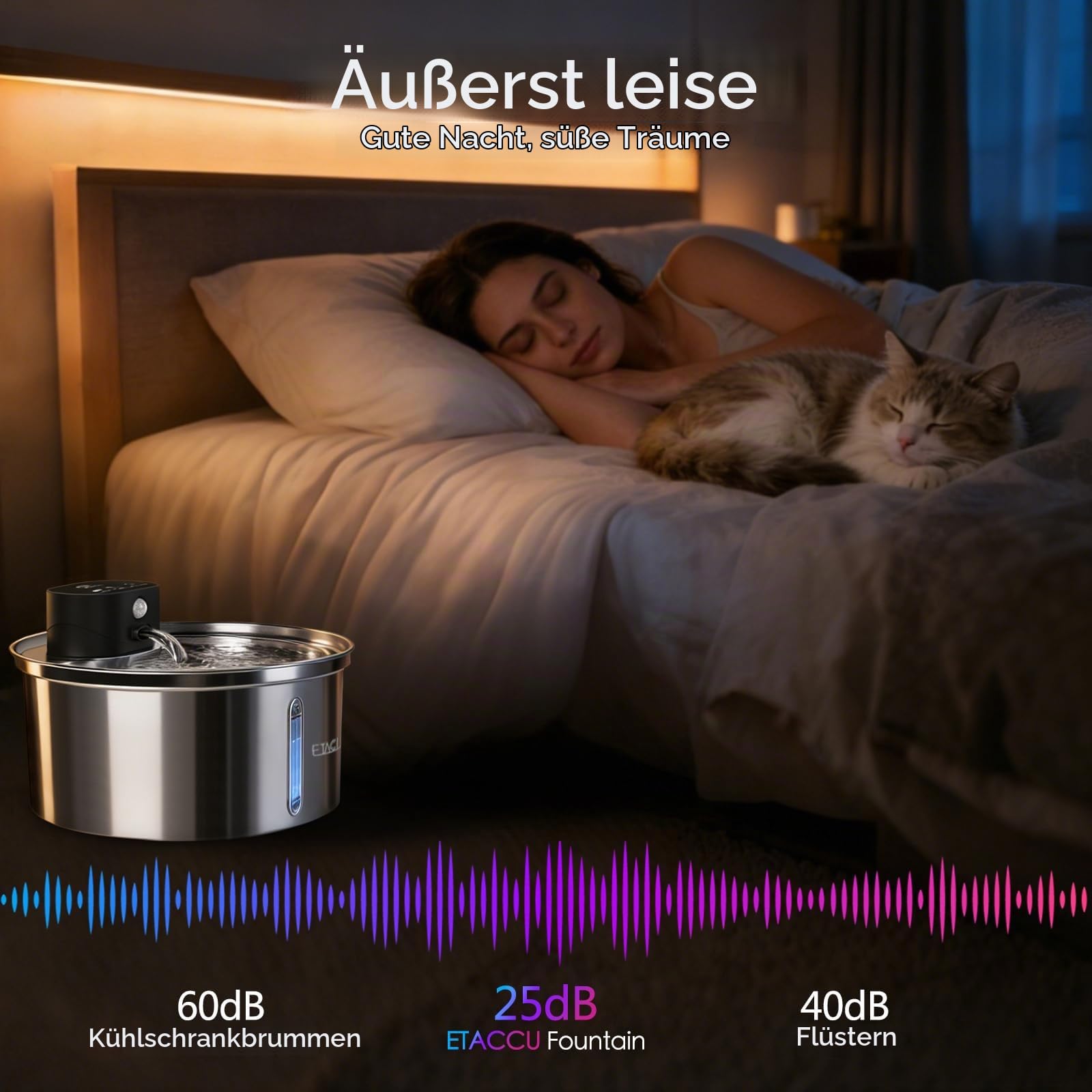 ETACCU Trinkbrunnen für Katze Kabellos, 3.2L Katzenbrunnen Edelstahl mit 3m Bewegungsmelder, 5000mAh Batteriebetrieben, Leise Wasserpumpe, Katzenbrunnen für Katzen und kleine Hunde