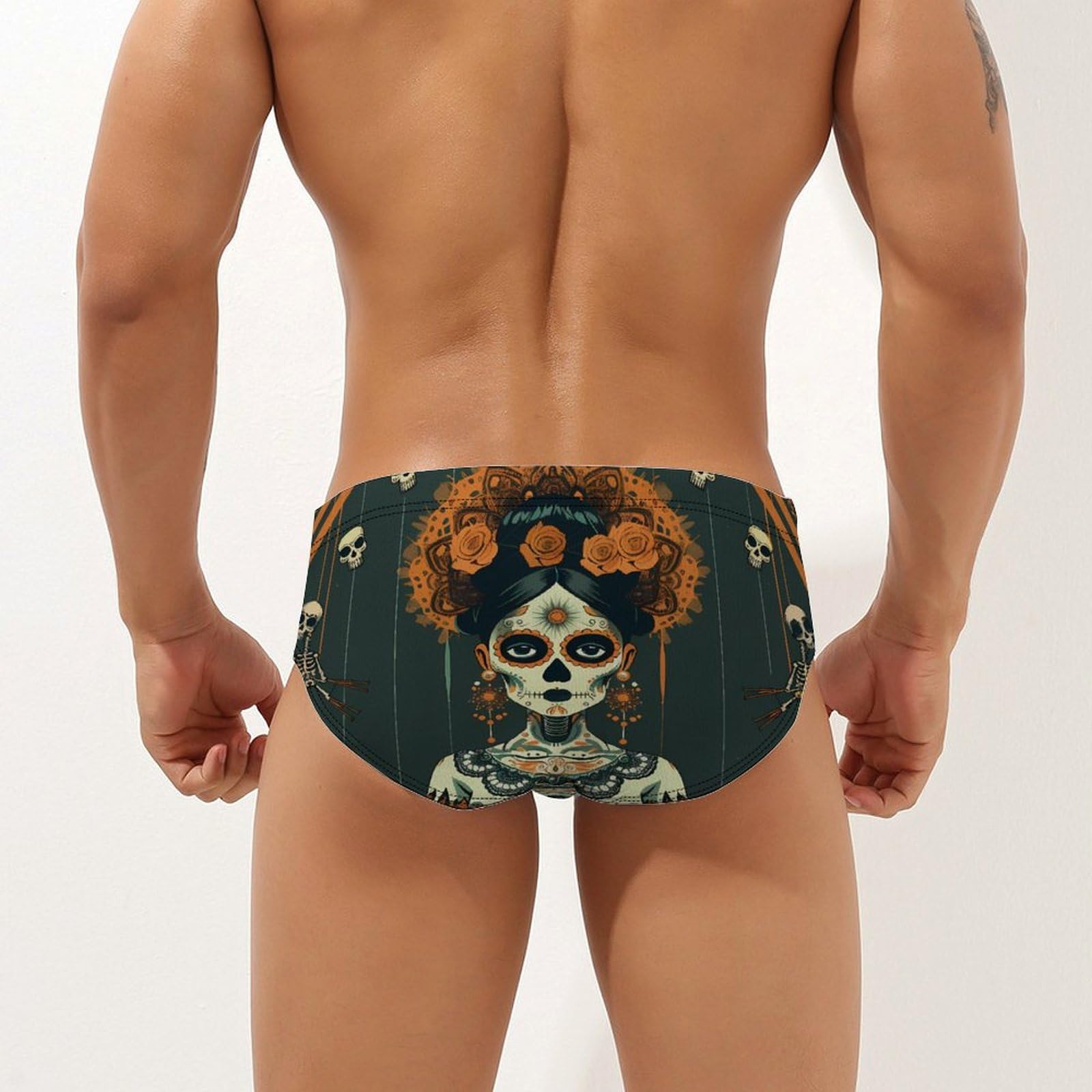Dia De Los Muertos Marionettes Mens Swim Briefs Bikini Swimwear Print Beach Shorts Sexy Swimsuit XL
