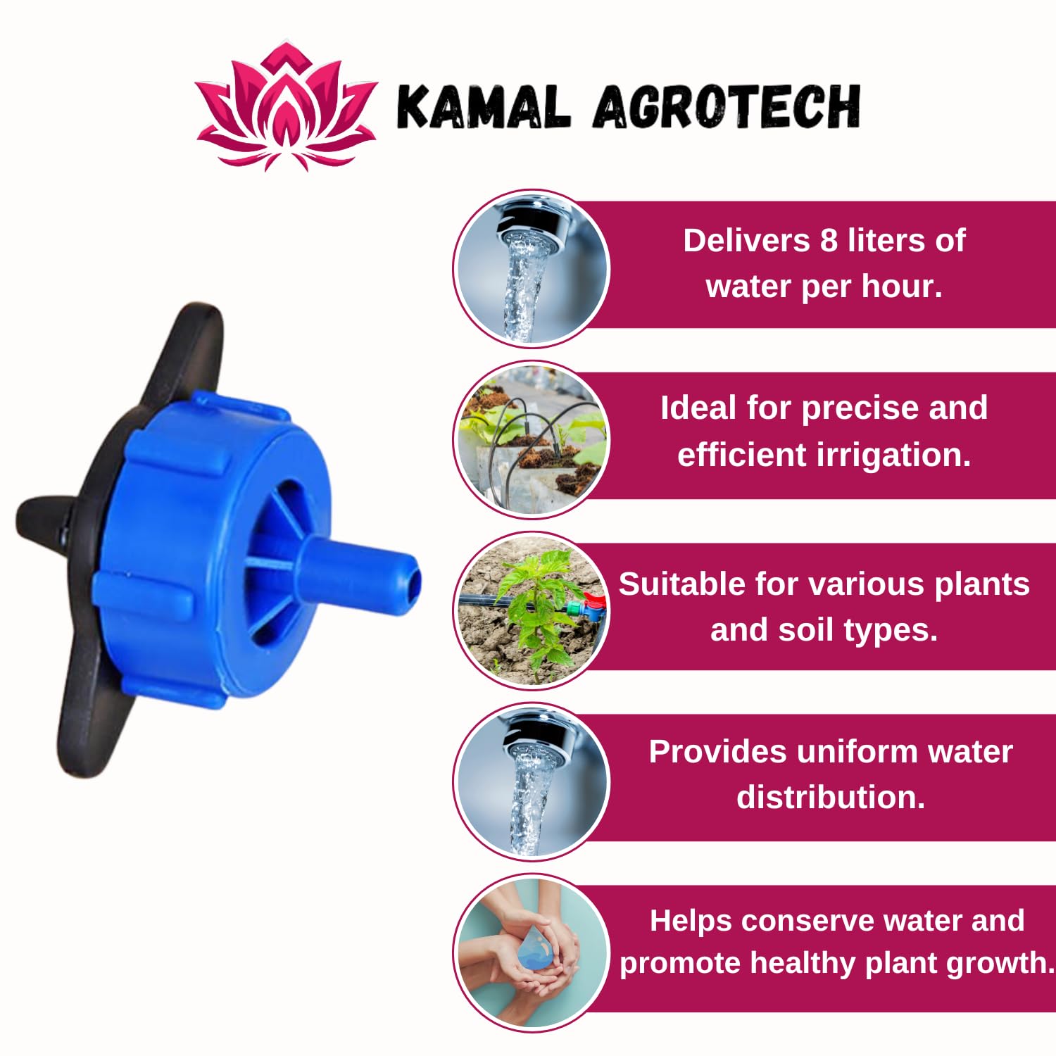 Kamal Agrotech Irrigation Compensating Dripper | Drip Irrigation Accessories Plant Watering Emitter Dripper | (8Ltr./Hour) (500 PCS) - Image 5 thumbnail