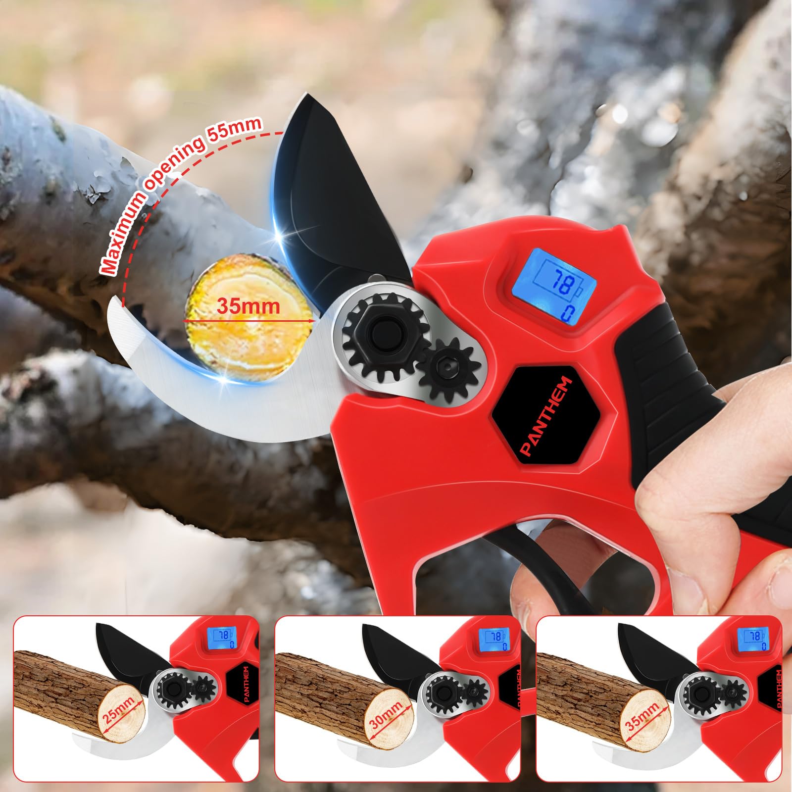 Accu elektrische takkenschaar, snoeischaar, snoeischaar, max. 35 mm snijdiameter, accuschaar met accu, 2 x 2,0 Ah batterijen, borstelloze motor, lcd-display voor het snoeien van bomen en fruitbomen