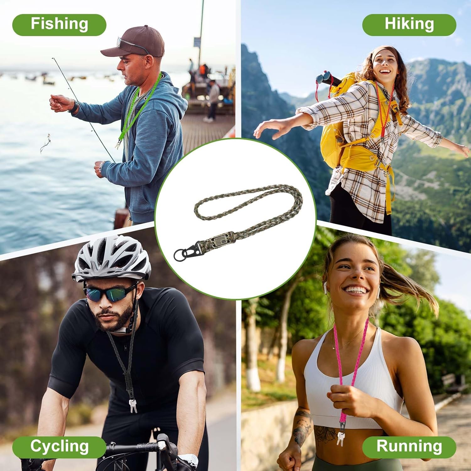 Paracord Lanyard, 550 Keychain Lanyard Heavy Duty Necklace Keychain Braided Wrist Strap for Men Women Outdoor Activity Survival Key Whistle Rope ID Badge (2 Pack, Camouflage Green) - Image 7