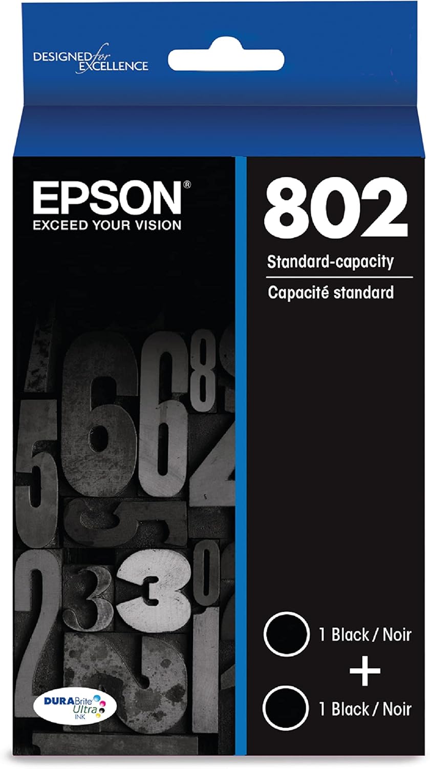 EPSON 802 DURABrite Ultra Ink Standard Capacity Black Dual Cartridge Pack (T802120-D2) Works with WorkForce Pro WF-4720, WF-4730, WF-4734, WF-4740