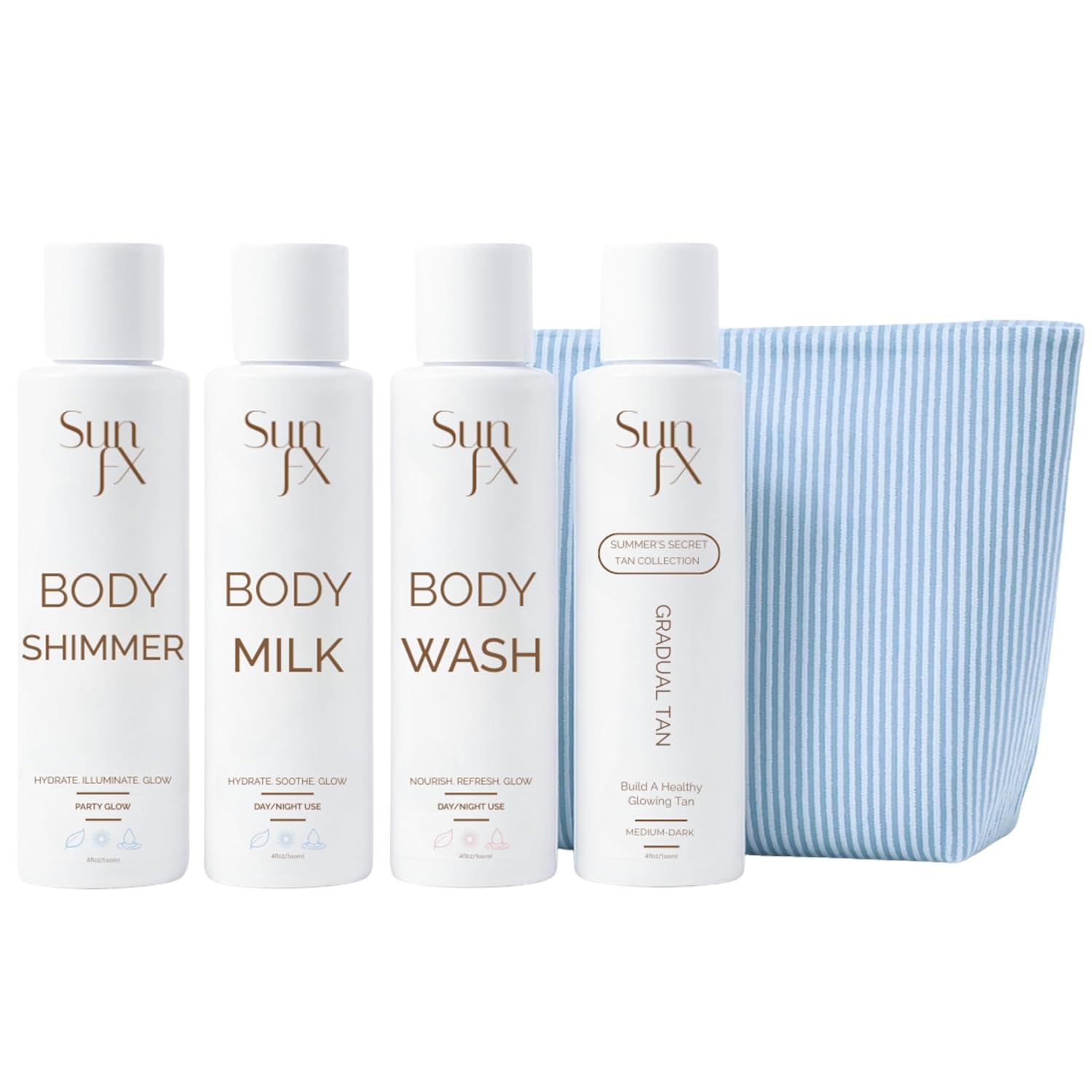 SunFX Travel Pack 4 Piece Self Tan & Body Care Kit with Gradual Tanning Lotion, Shimmer Lotion, Body Milk