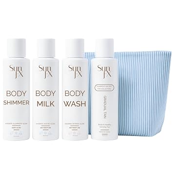 SunFX Travel Pack 4 Piece Self Tan & Body Care Kit with Gradual Tanning Lotion, Shimmer Lotion, Body Milk