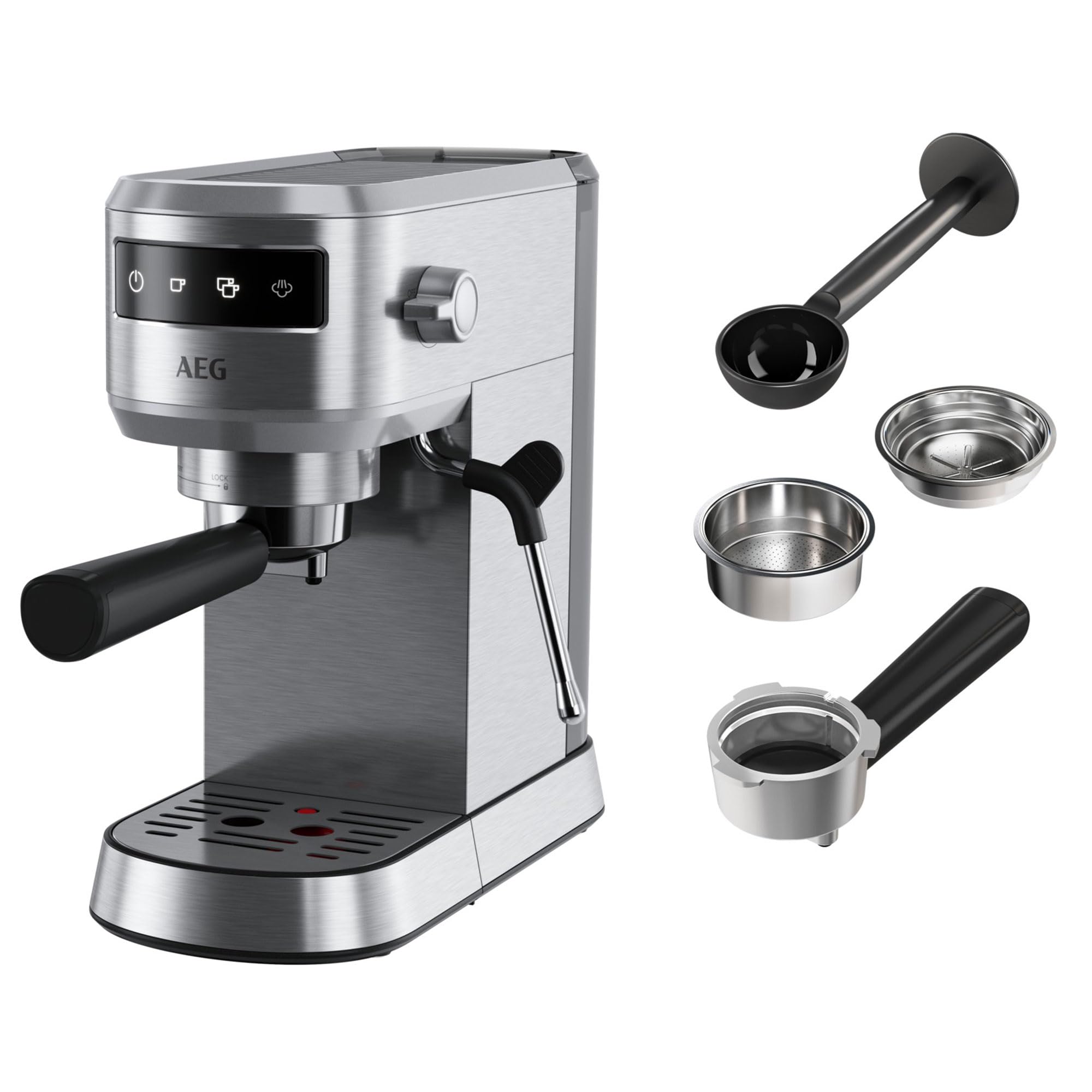 AEG Cafetera Espresso Compacta EC6-1-6ST, 15 Bares, Café Molido y Monodosis, Pantalla Táctil, Espumador de Leche, Depósito 1L, Apagado Automático, Inox
