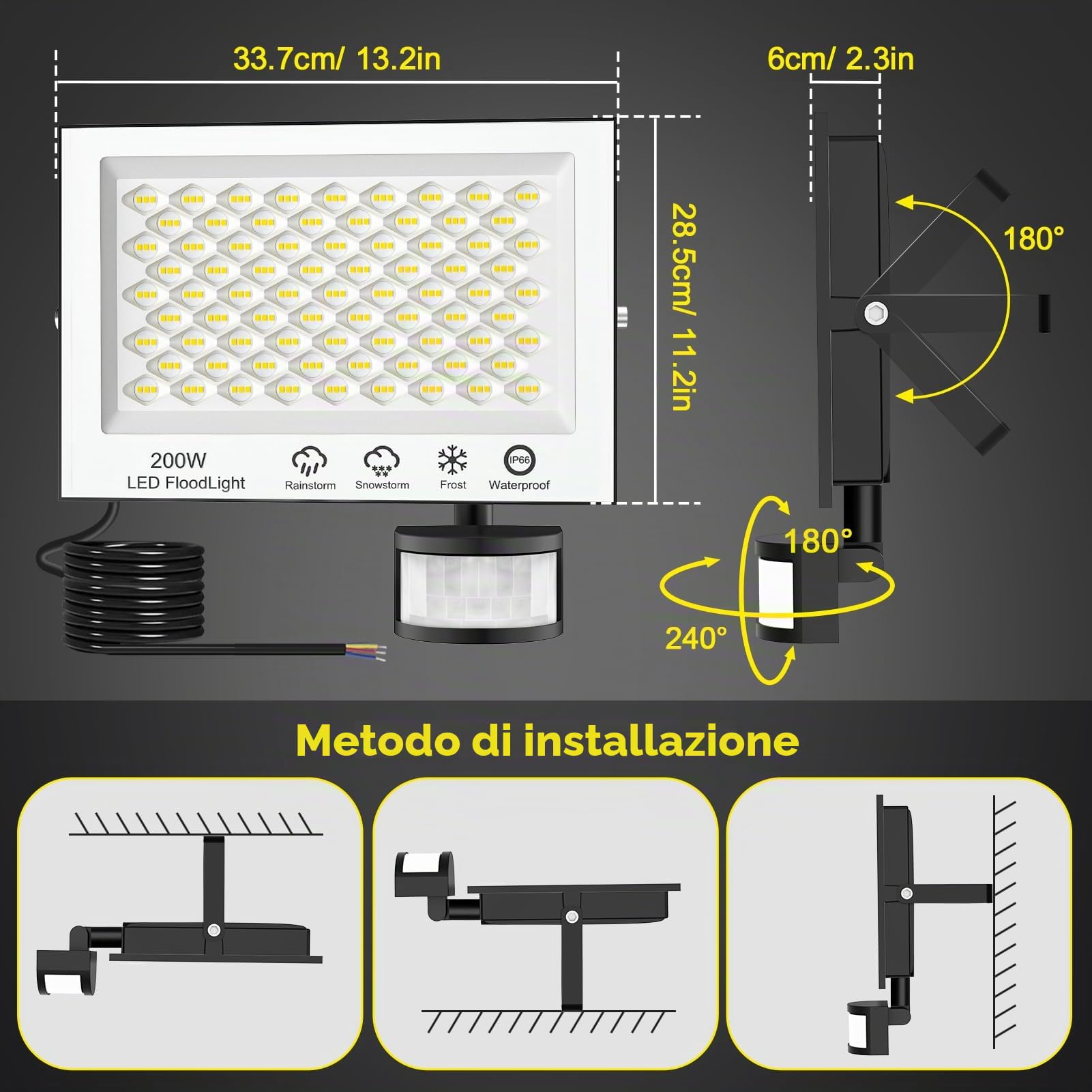 Viugreum 200W Faretto LED da Esterno con Sensore di Movimento, 20000LM 6500K Bianco Freddo Faretto LED da Esterno con Telecomando, IP66 Impermeabile Faro LED Esterno per Giardino Garage Garage