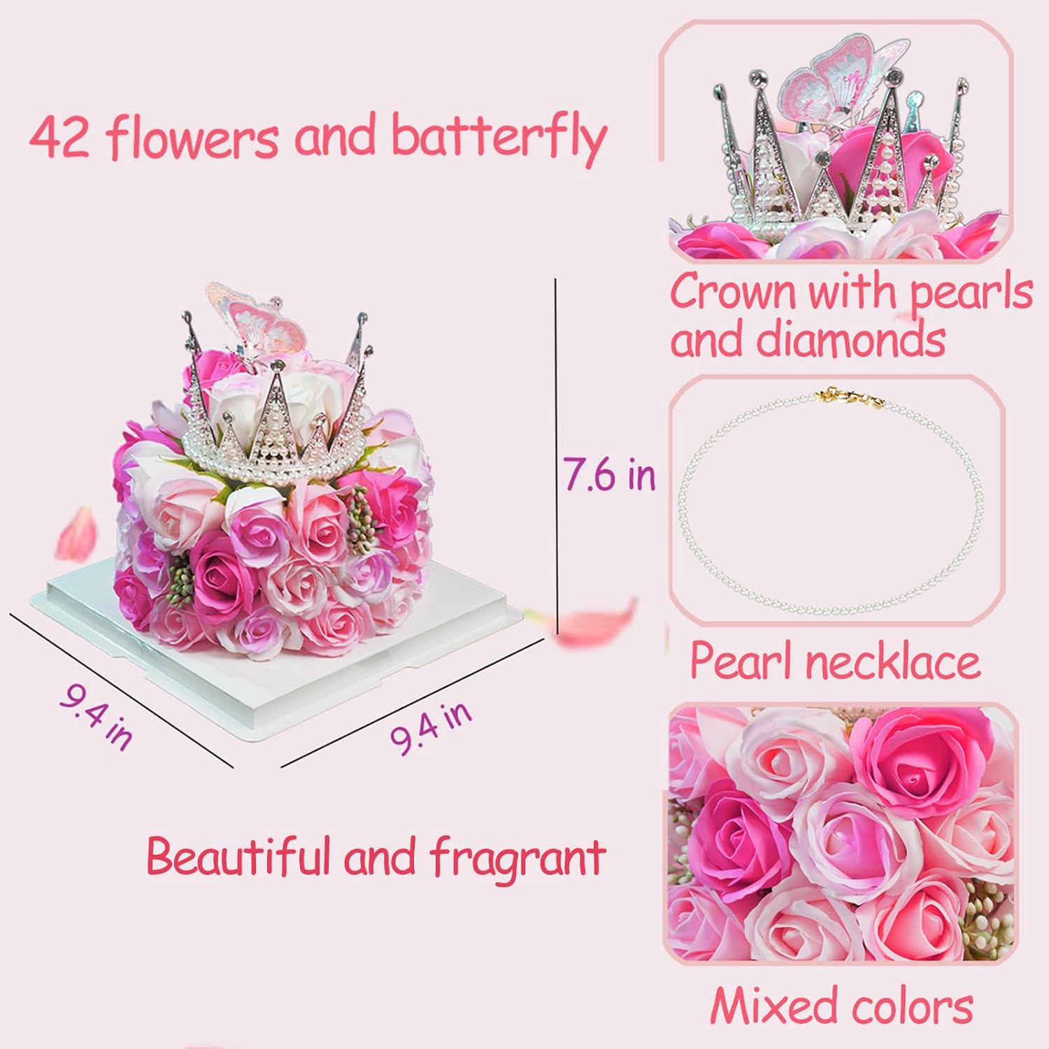 eightown forever cake with pink preserved flowers - bouquet preserved roses for women - birthday gift for her with crown (hotpink & butterfly)
