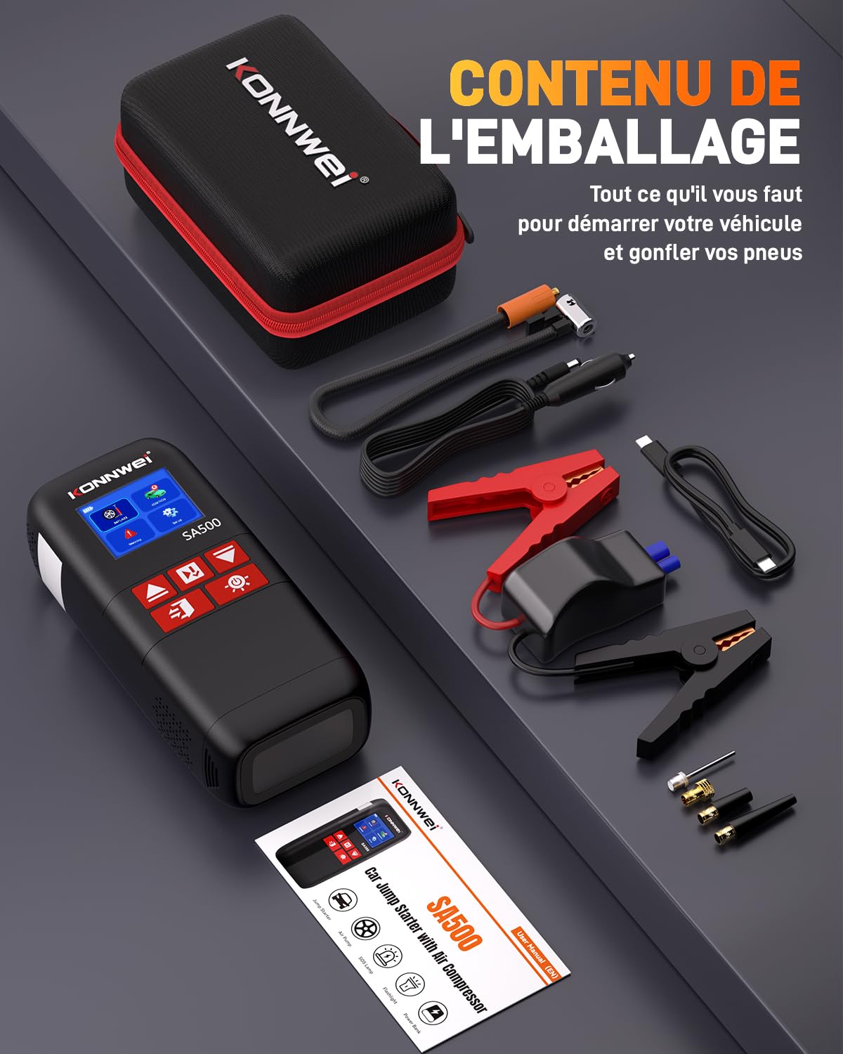 KONNWEI SA500 Booster Batterie Voiture avec Gonfleur, 4-en-1 Démarreur Batterie Voiture, Gonfleur Pneus Voiture 150 PSI avec Compresseur à Air Portatif, pour Essence 8L et Diesel 6L, LED SOS