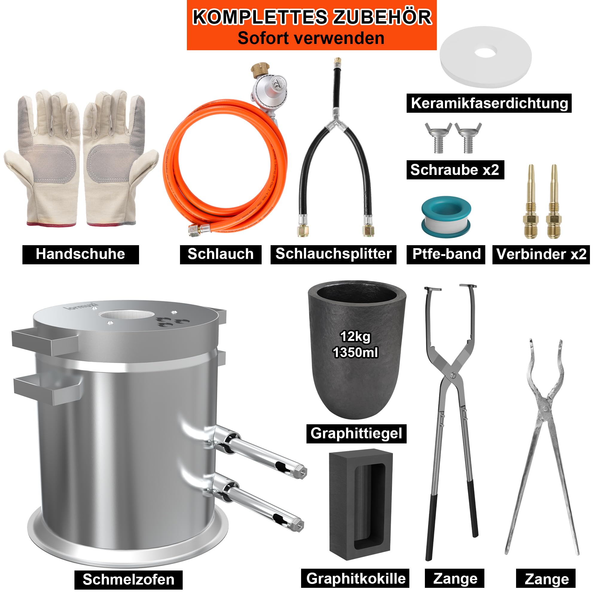 Doppelrohr Schmelzofen 12 kg Set, beschleunigte Heizung, gleichmäßige Heizung, Set enthält Tiegel, Gussform, Zangen und Handschuhe