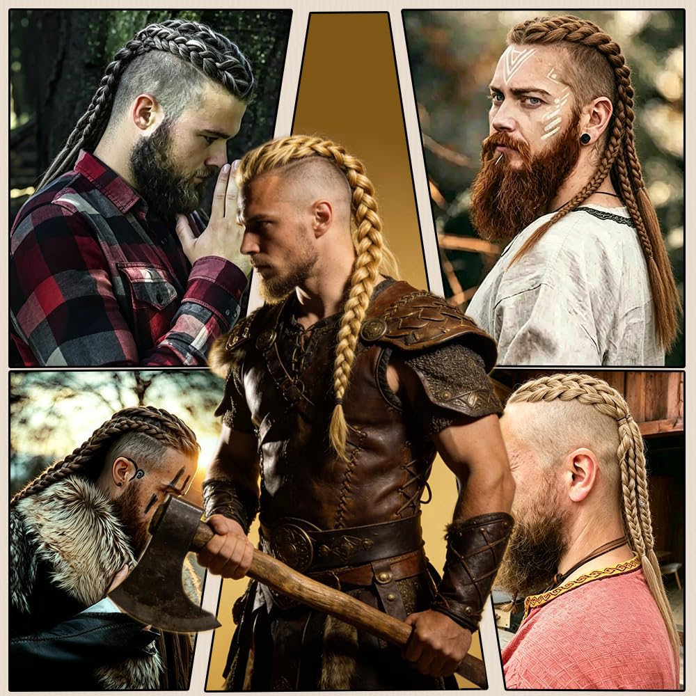 Elize Viking Hair for Men, for Cosplay Viking Costume, Handcrafted Clip In Braided Ponytail Hairpiece, 24" Synthetic Clip in Hairpiece for men, for Halloween Hair(Black)
