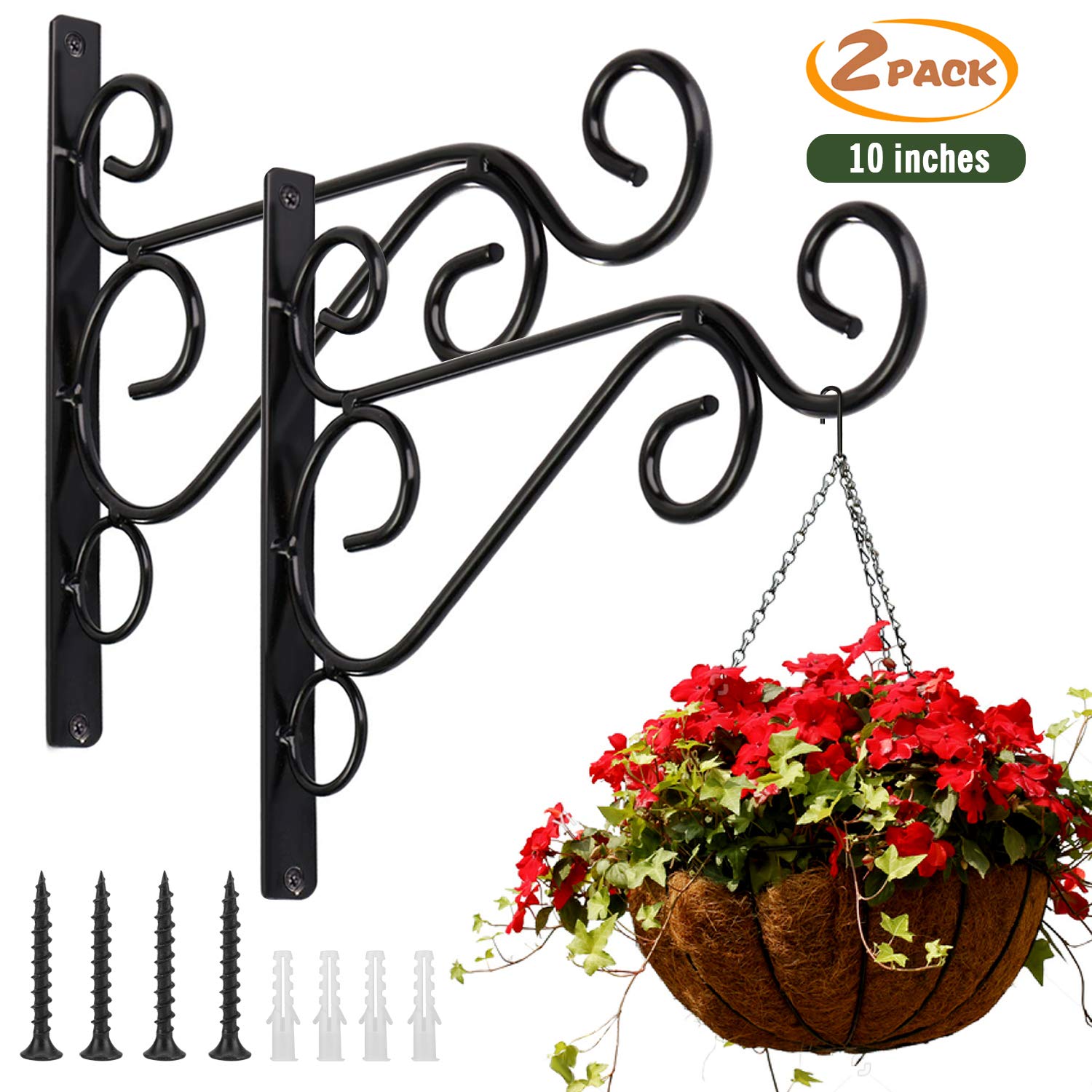 KABB Pack of 2 Black Iron Outdoor Hanging Brackets Wall Hooks for Bird Feeder Lanterns Wind Chimes with Screws