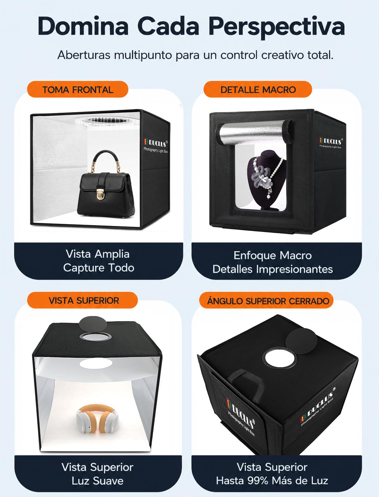 DUCLUS Caja de luz fotografía 40 x 40 cm Plegable Estudio fotográfico, 5500 K, luz Regulable, Juego 160 Cuentas LED y 8 Fondos de fotografía