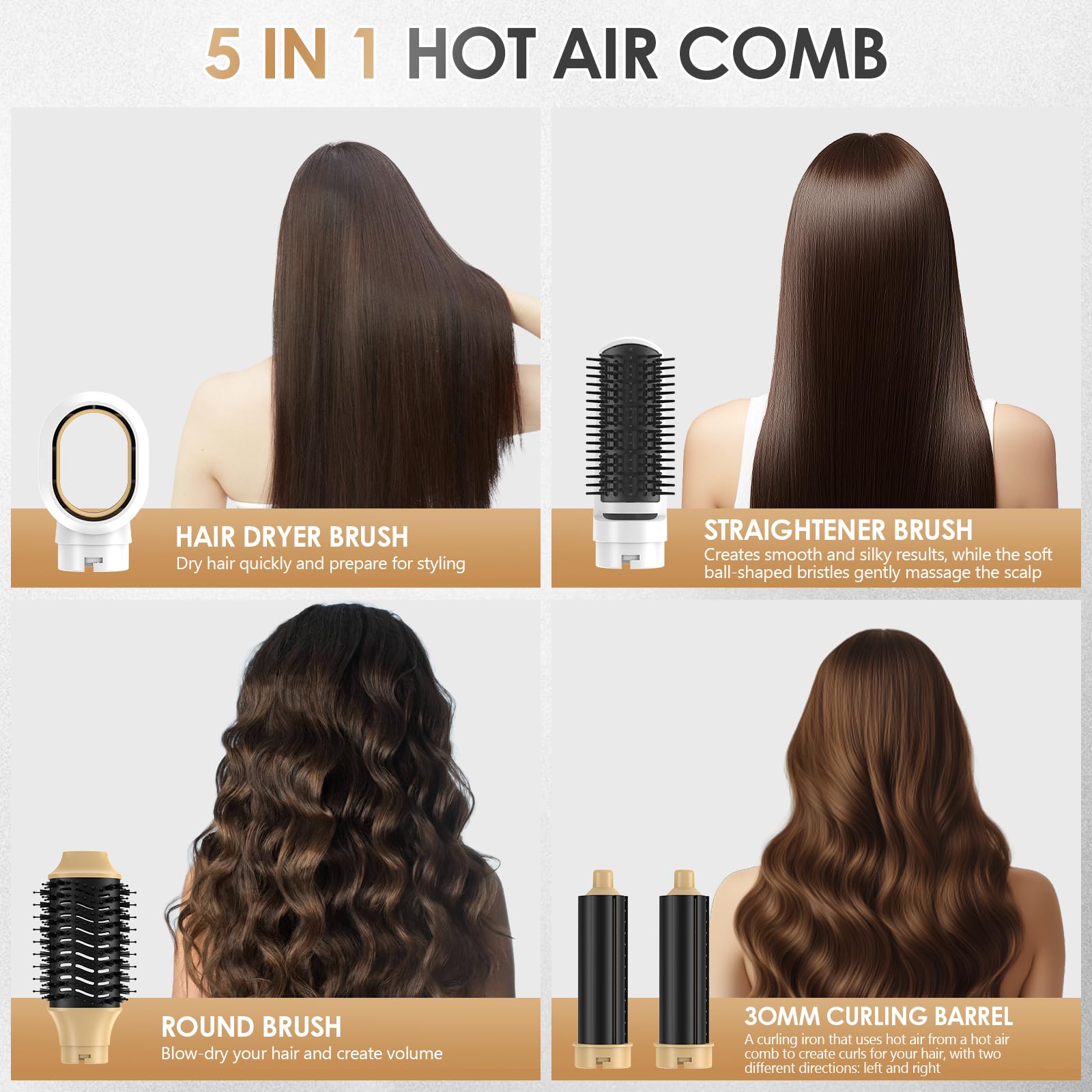 Cepillo de Aire Caliente, Air Styler 5 en 1, Cepillo Alisador Pelo, Cepillo Secador de Pelo, 5 Cabezales Intercambiables, 3 Temperaturas, Peinados Rápidos, para Seca Alisa (Oro blanco)