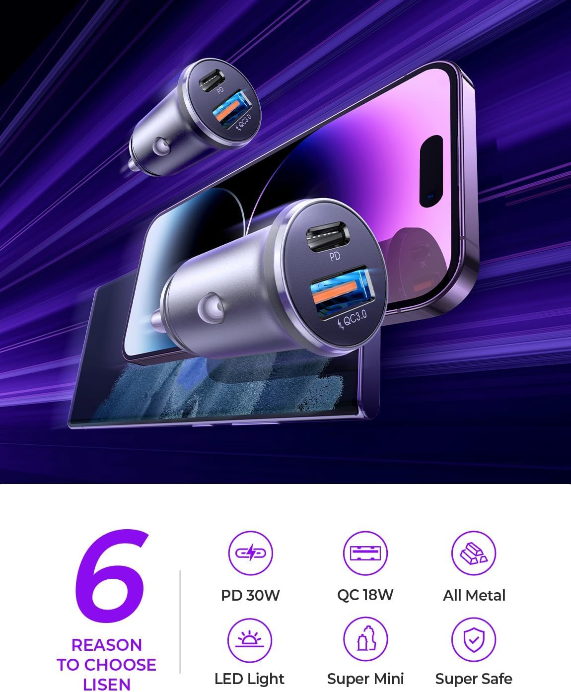 LISEN 48W USB C Car Charger Adapter [2 Pack] [Mini & Metal] Cigarette Lighter USB Charger Fast Charging [PD QC 3.0] USBC Car Phone Charger for iPhone 15 Pro Max Plus 14 Samsung Galaxy iPad Silver