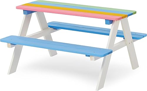 Miniatura 6 de BTEXPERT Banco de picnic para exteriores, juego de sillas de madera, mesa sensorial de actividades para niños, multicolor, 35 x 31 pulgadas,