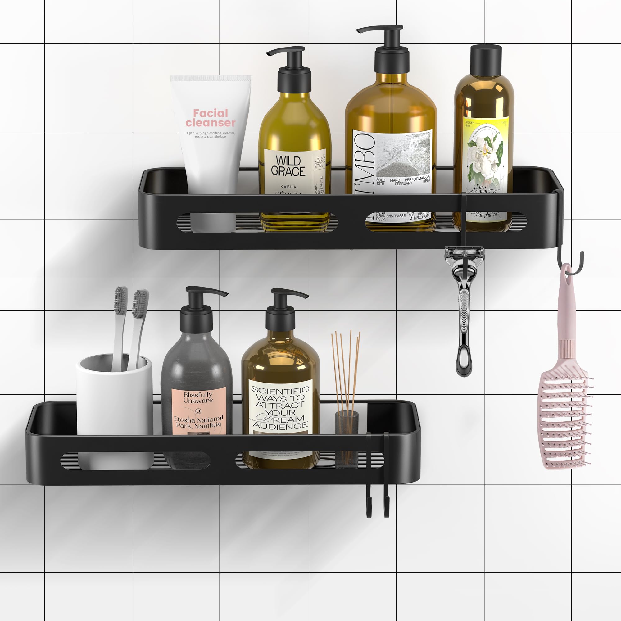 MEIJO Estanteria Ducha Estanteria Baño sin Taladro, 2pcs Estanteria Ducha Acero Inoxidable Negro con 4 Ganchos, 38.5-40cm Estanteria Ducha sin Taladro para Cocina Baño Almacenaje y Organización (2)